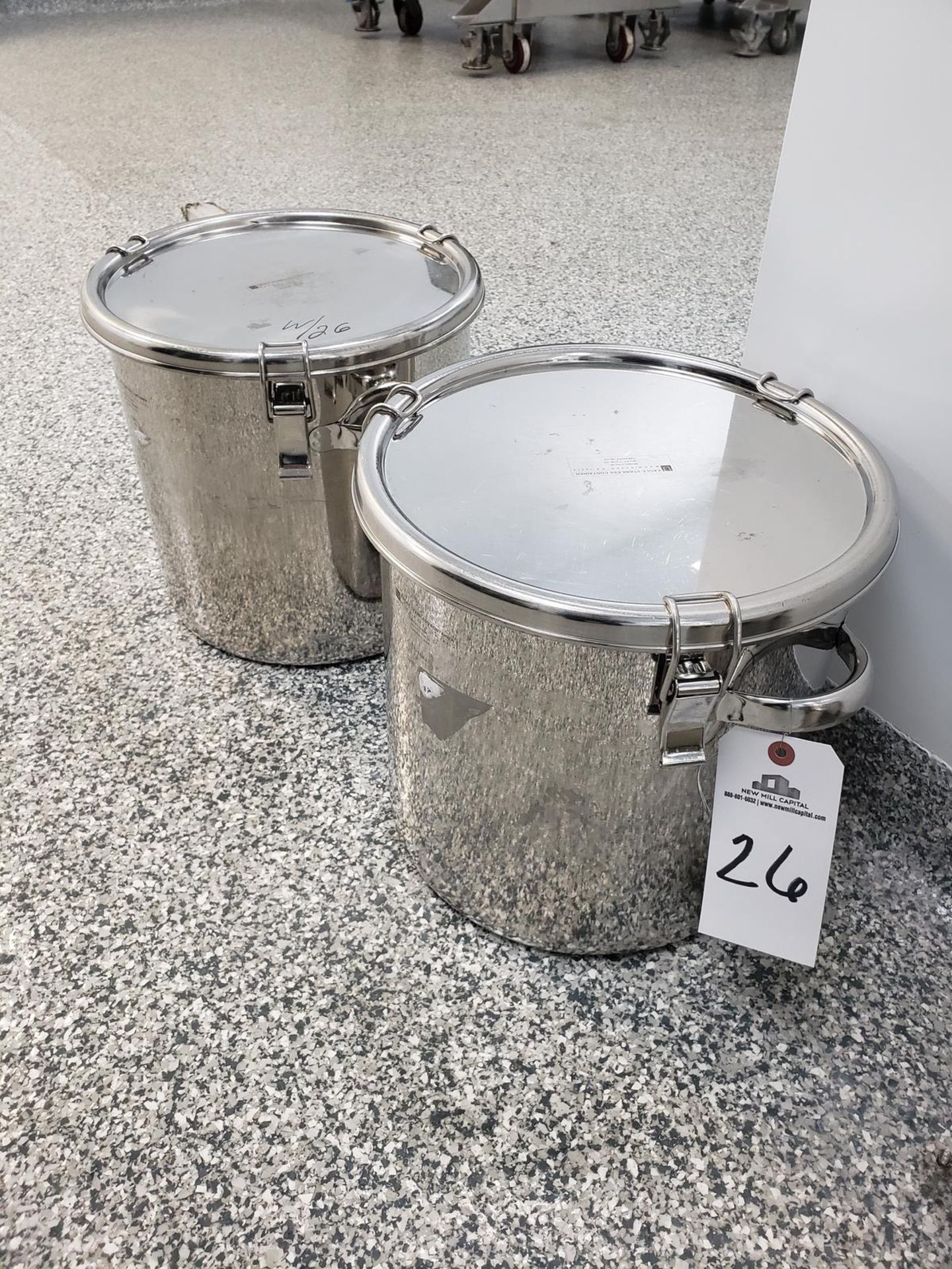 Lot of (2) 20 Liter Eagle Stainless Container Storage Tanks, W/ Clip-Down Covers | Rig Fee $25