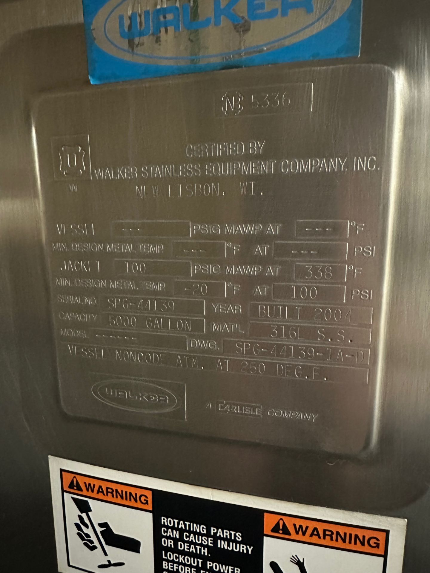 Walker 5,000 Gallon 316L Stainless Steel Jacketed, Scrape Surface Mixing Tank, W/ A | Rig Fee $4000 - Image 12 of 12