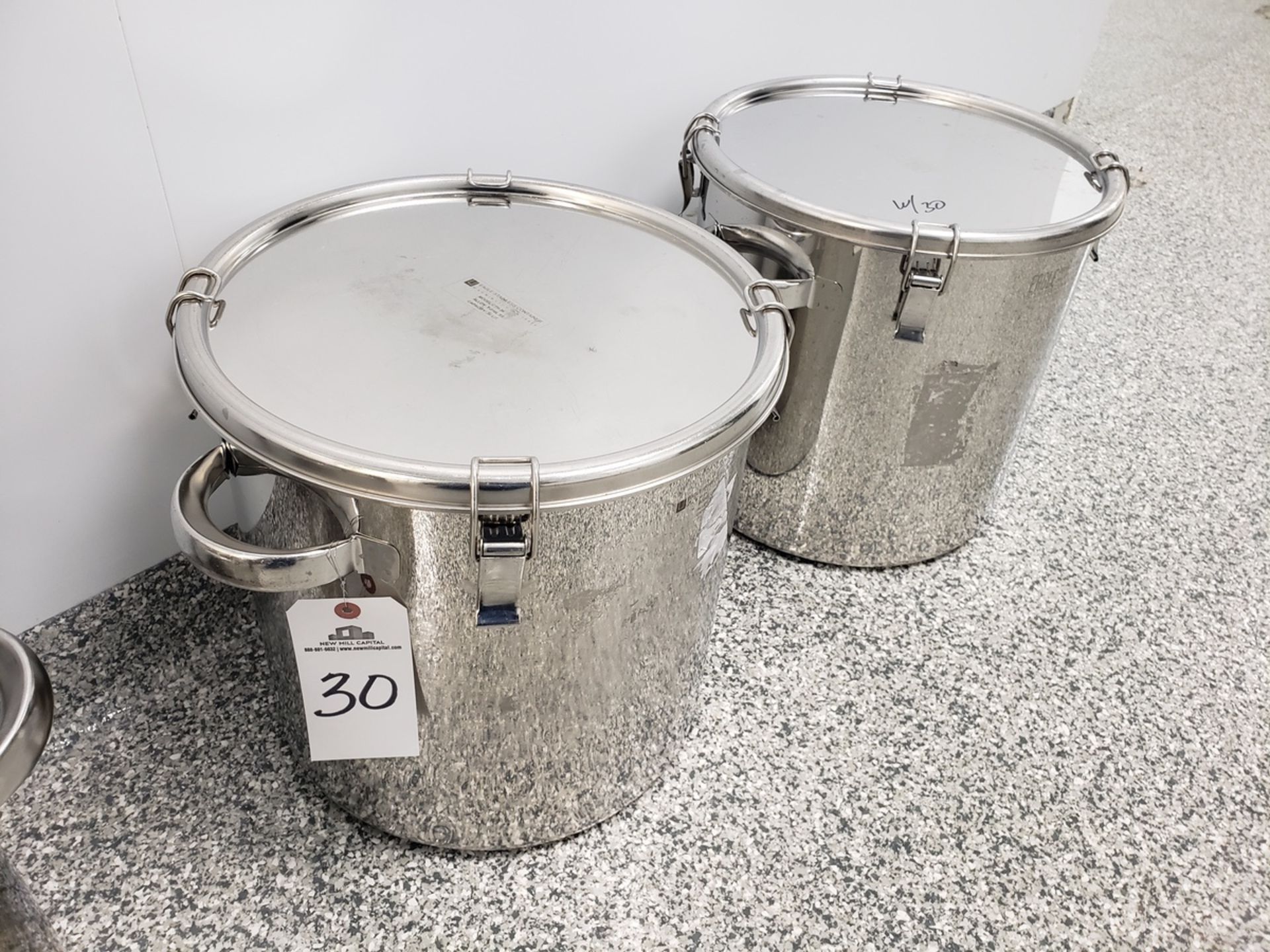 Lot of (2) 36 Liter Eagle Stainless Container Storage Tanks, W/ Clip-Down Covers | Rig Fee $25