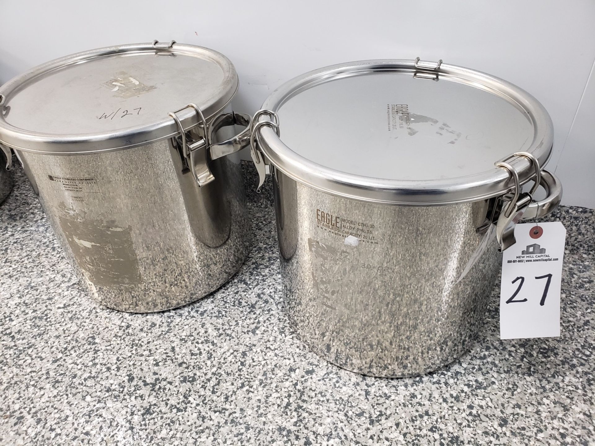 Lot of (2) 20 Liter Eagle Stainless Container Storage Tanks, W/ Clip-Down Covers | Rig Fee $25