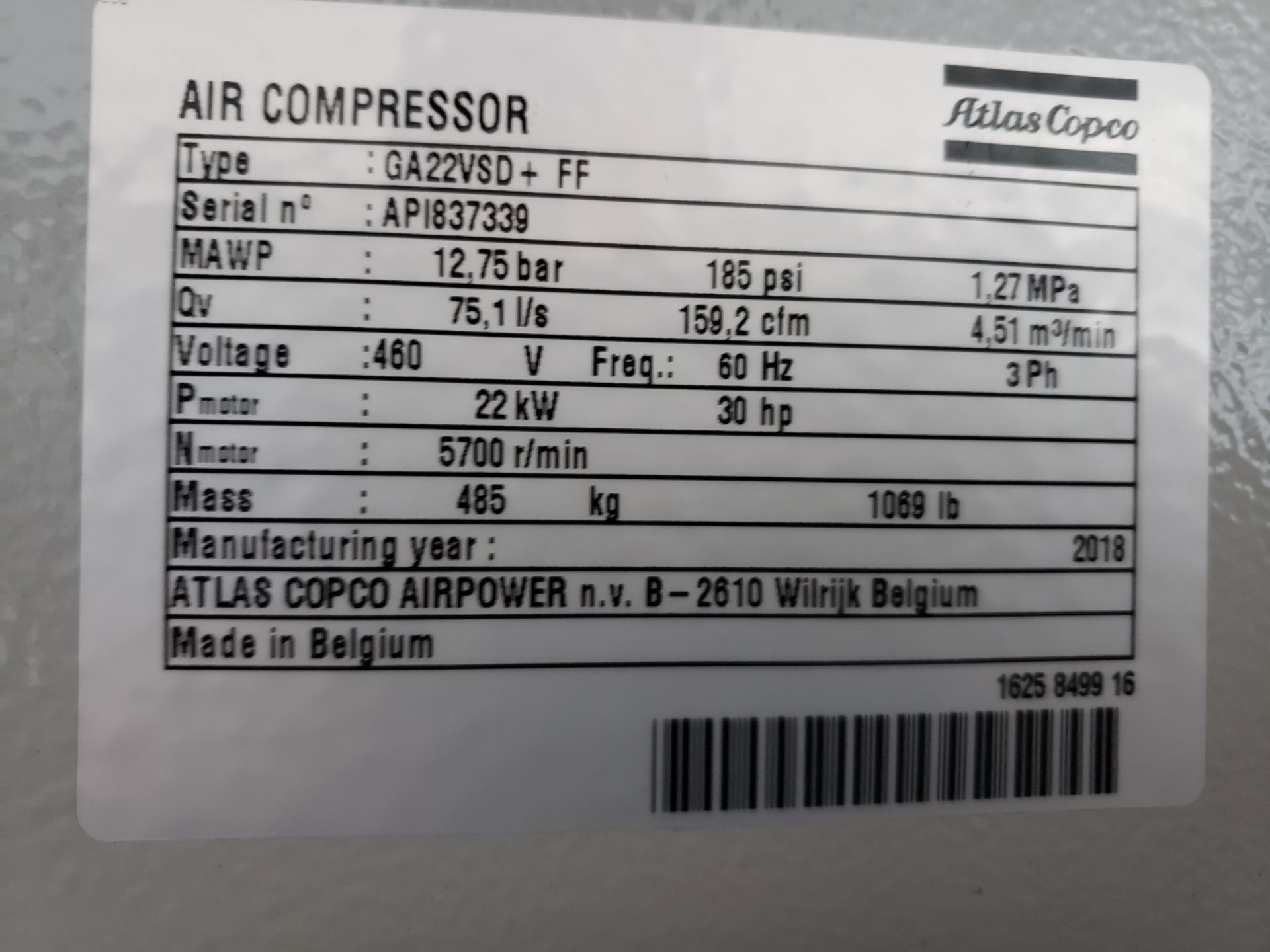 2018 Atlas Copco 30 HP Rotary Screw Air Compressor, M# GA22VSD+FF, S/N API837339 | Rig Fee $750 - Image 2 of 3
