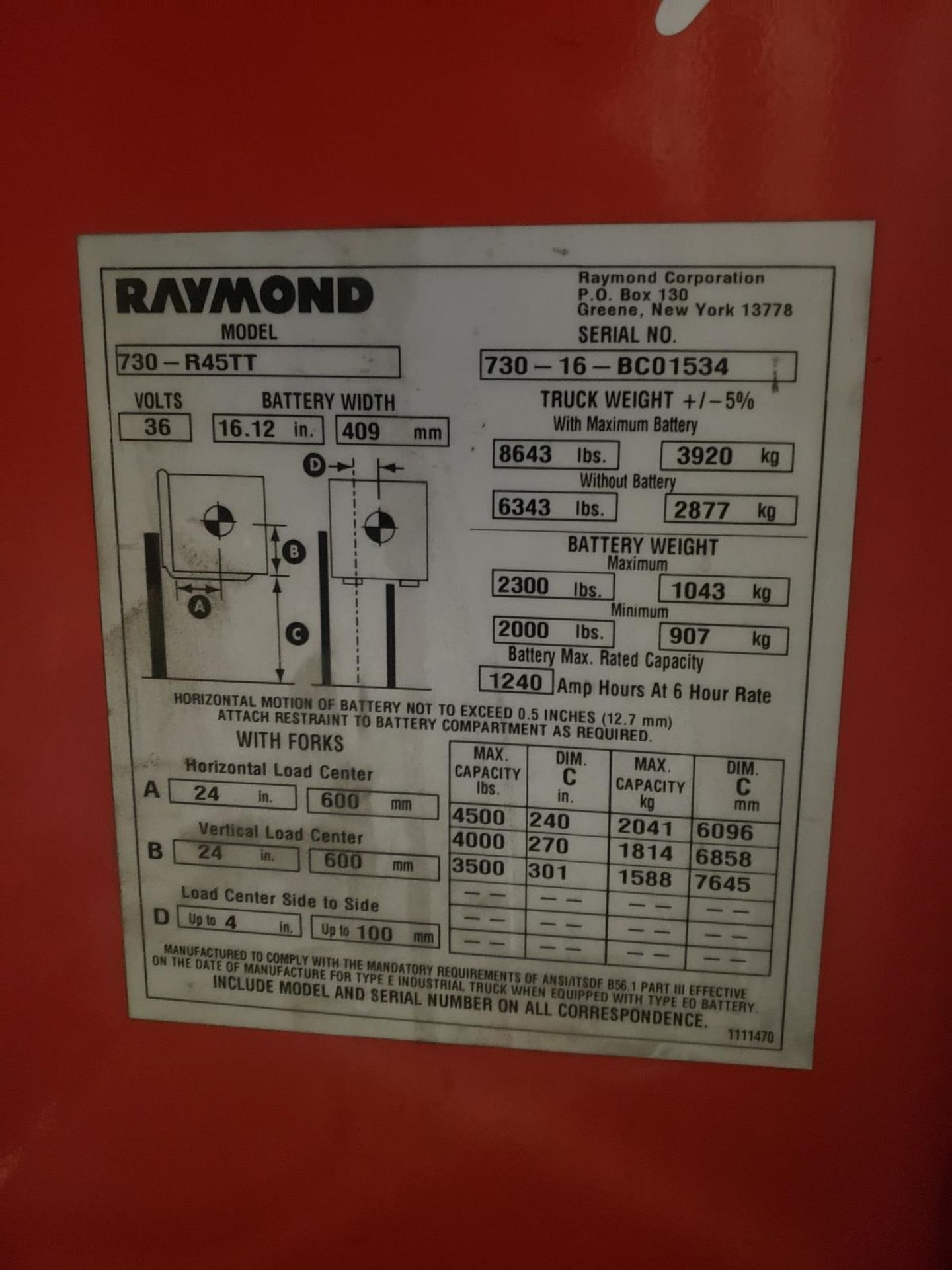 Raymond Electric Standup Forklift, 36 Volt, 4500 Lb Capacity, M# 730-R45TT, S/N 730 | Rig Fee $100 - Image 2 of 4