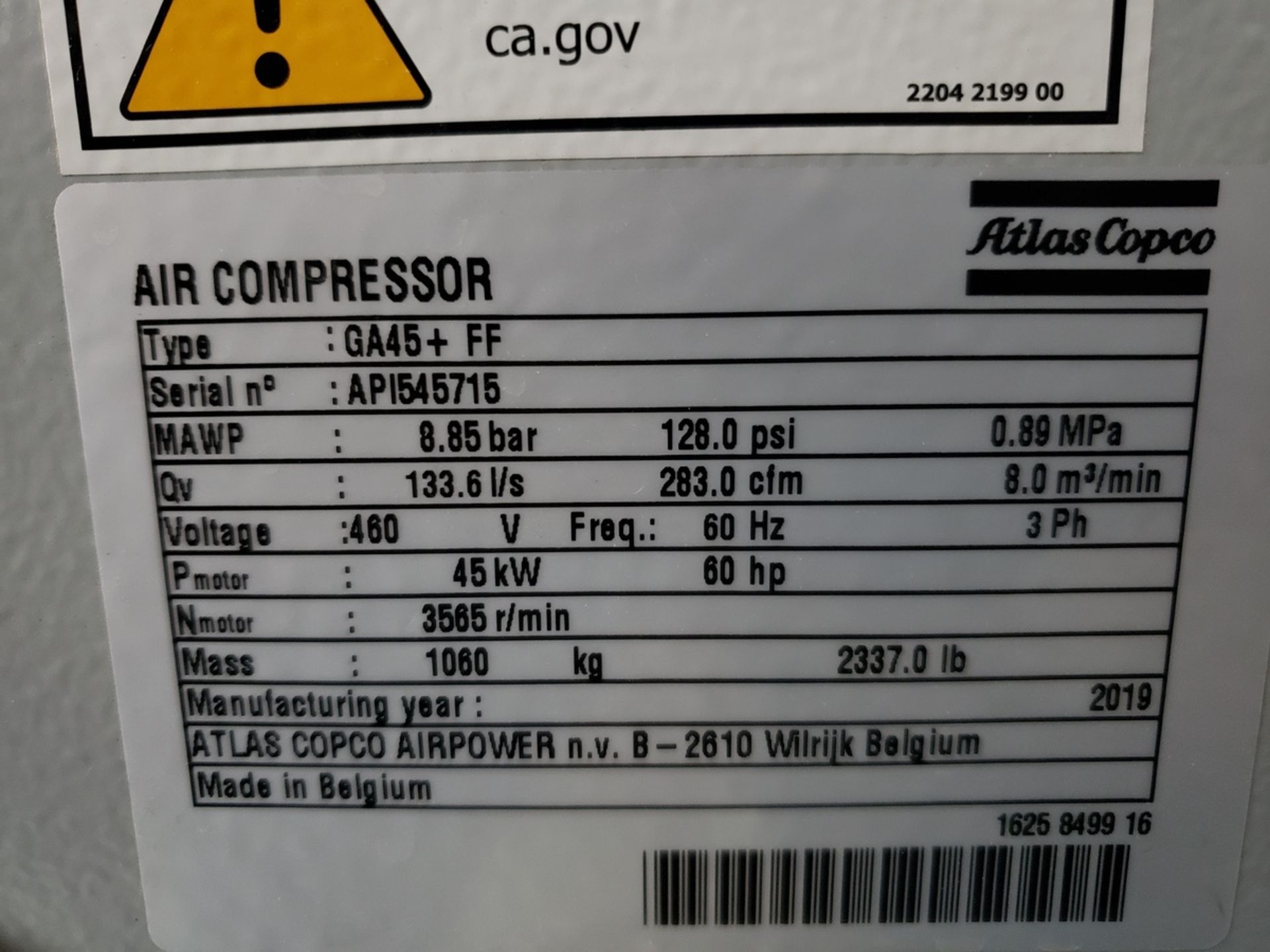 Altlas Copco 60 HP Rotary Screw Air Compressor, M# GA45+FF, S/N API545715 | Rig Fee $750 - Image 2 of 3