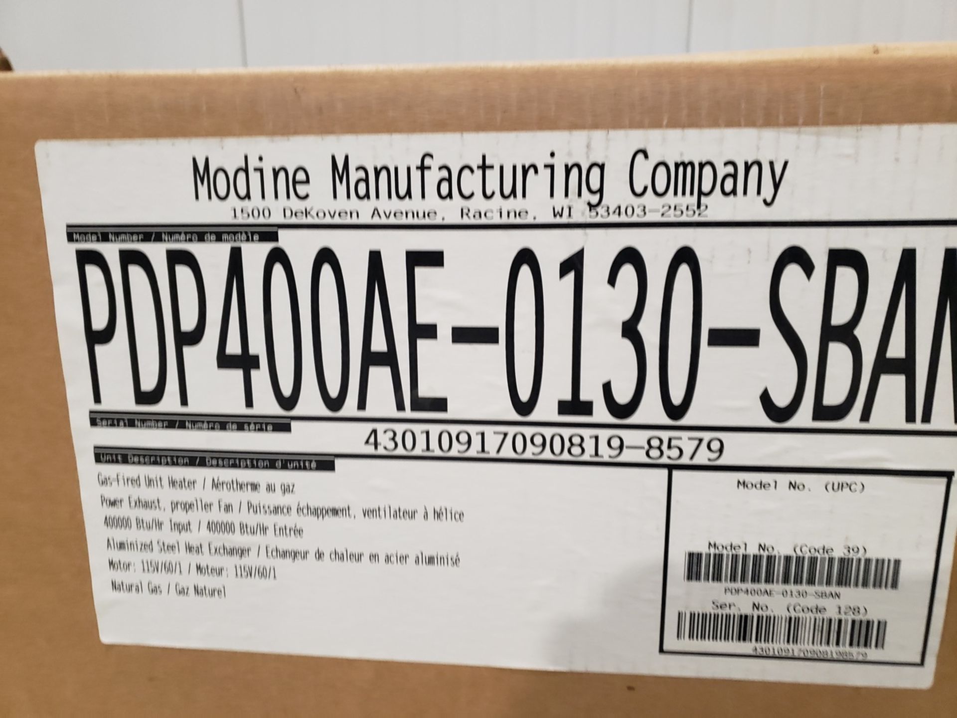 Modine Power Vented Gas-Fired Heater Unit, M# PDP400AE-0130-SBAN | Rig Fee $35 - Image 3 of 3