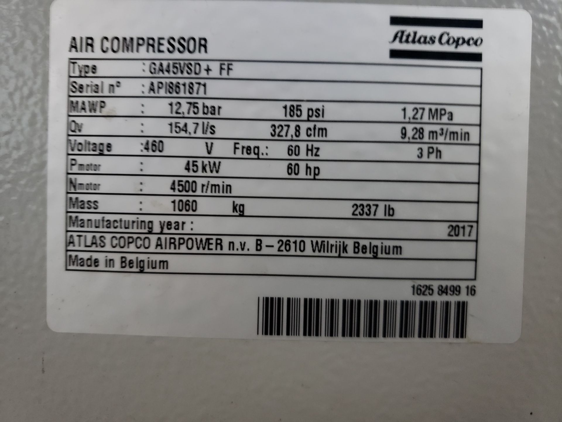 Altlas Copco 60 HP Rotary Screw Air Compressor, M# GA45VSD+FF, S/N API861871 | Rig Fee $750 - Image 2 of 3