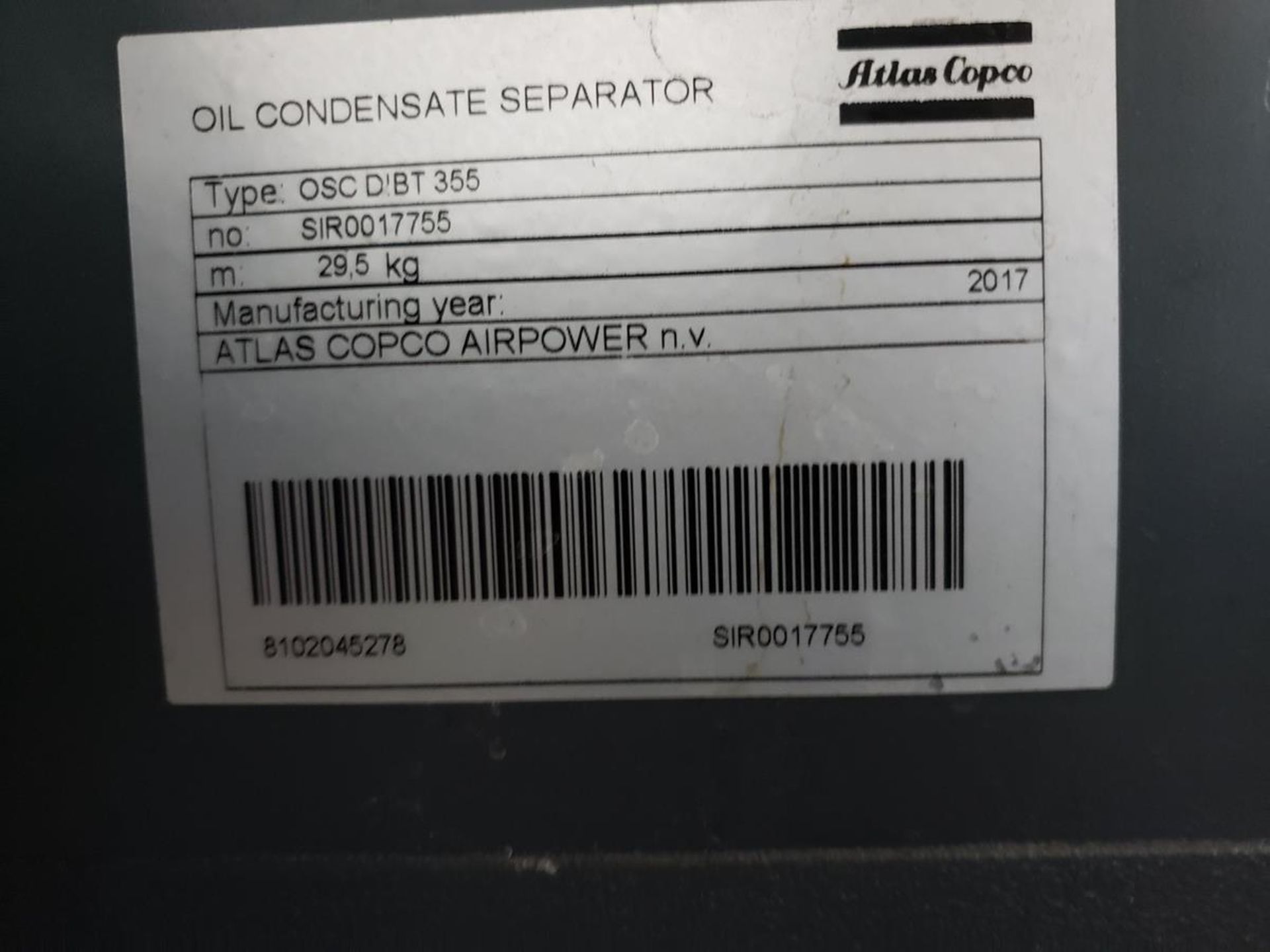 Atlas Copco Oil Condensate Seperator, M# OSC DIBT355, S/N SIR0017755 | Rig Fee $35 - Image 2 of 2