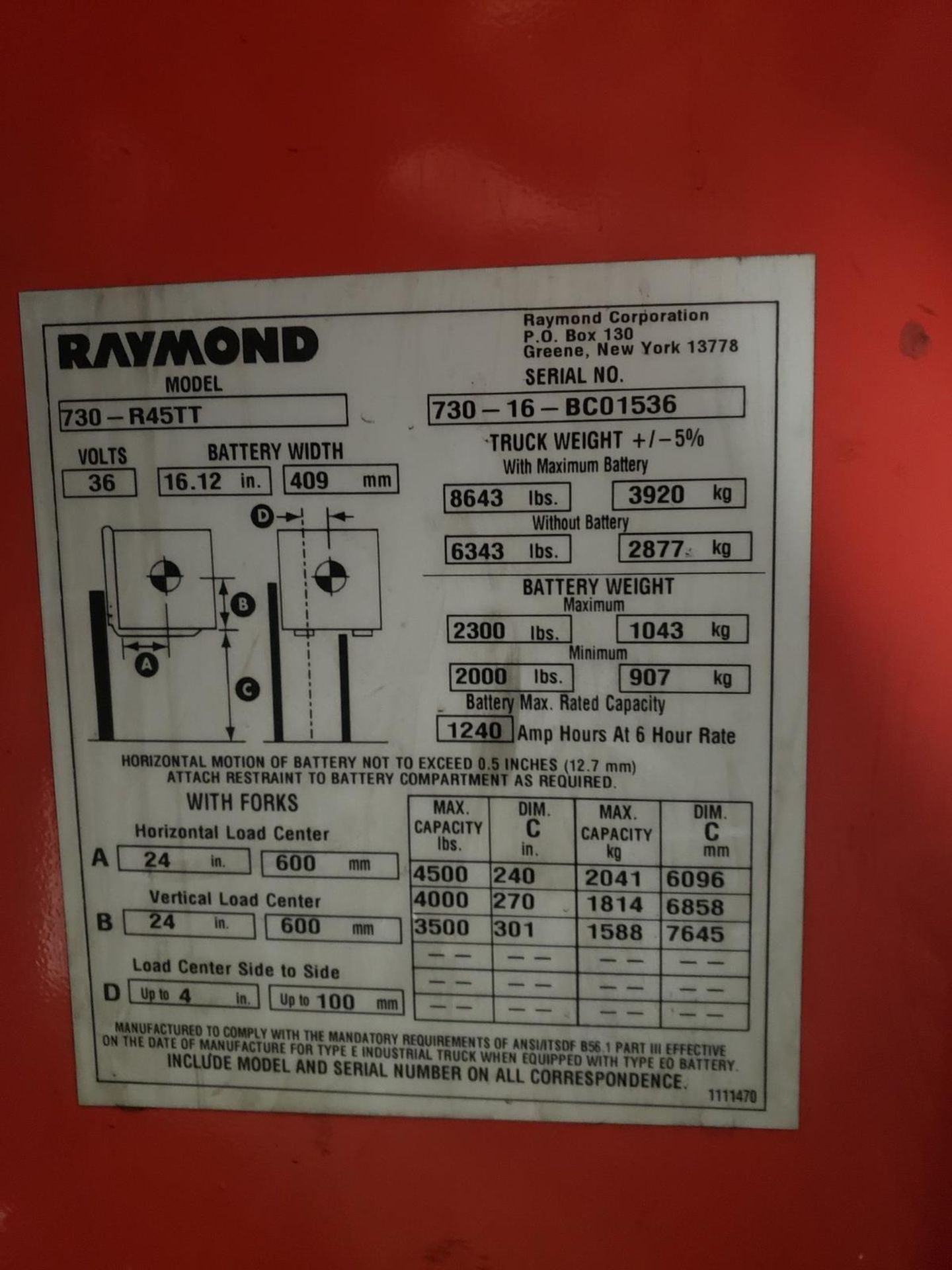 Raymond Electric Standup Forklift, 36 Volt, 4500 Lb Capacity, M# 730-R45TT, S/N 730 | Rig Fee $100 - Image 2 of 5