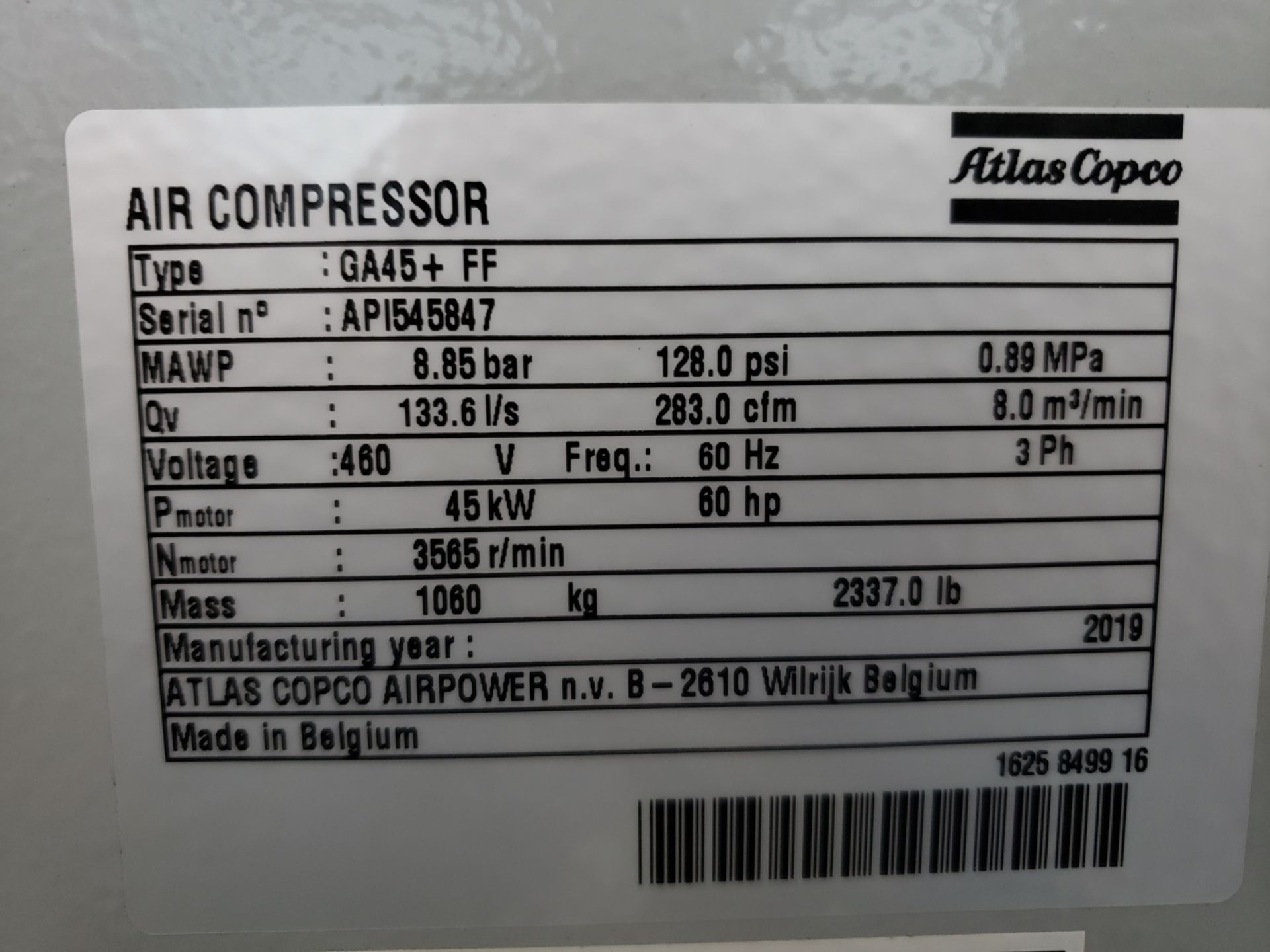 Altlas Copco 60 HP Rotary Screw Air Compressor, M# GA45+FF, S/N API545847 | Rig Fee $750 - Image 2 of 3