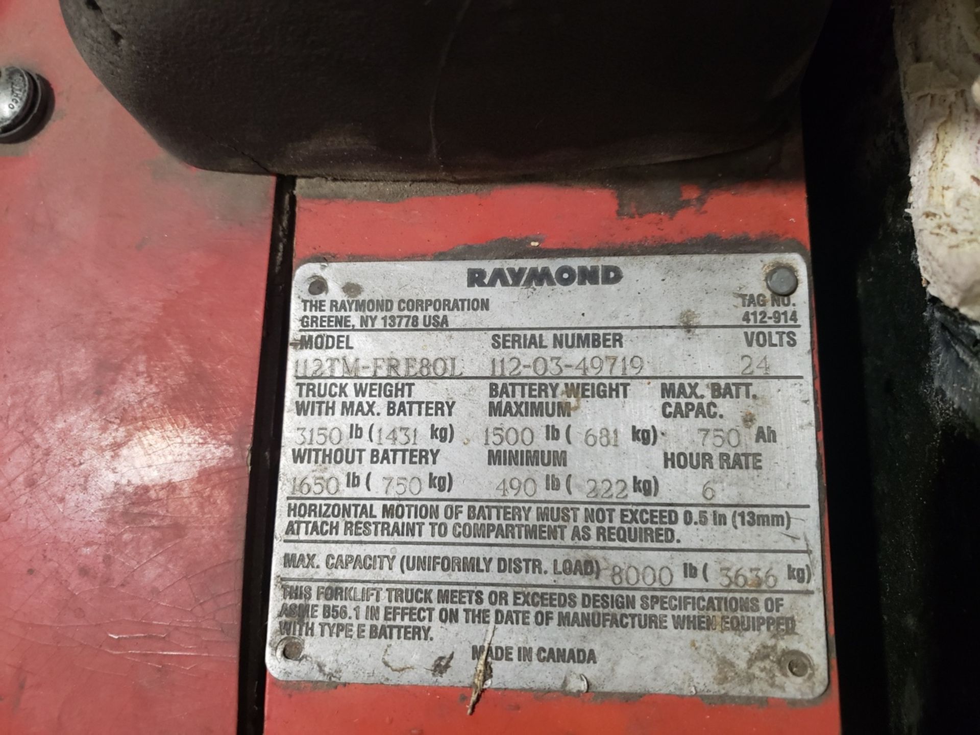 Raymond Electric Pallet Jack, 8000 Lb Capacity, 5587 Hours, M# 112TM-FRE80L W/ C&D | Rig Fee $100 - Image 2 of 6