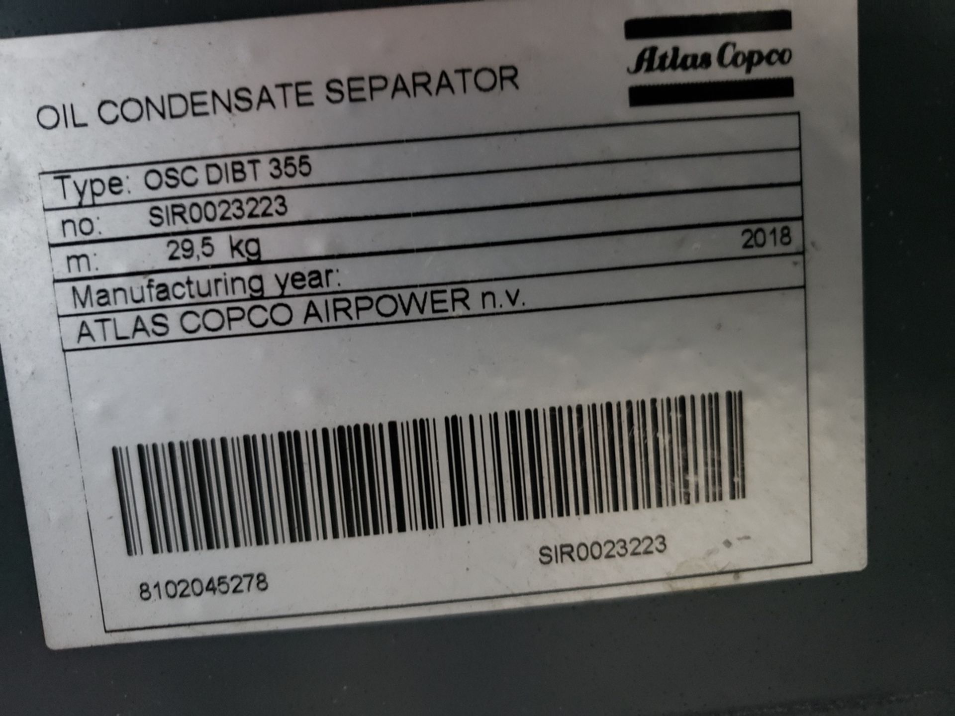 Atlas Copco Oil Condensate Seperator, M# OSC DIBT355, S/N SIR0023223 | Rig Fee $35 - Image 2 of 2