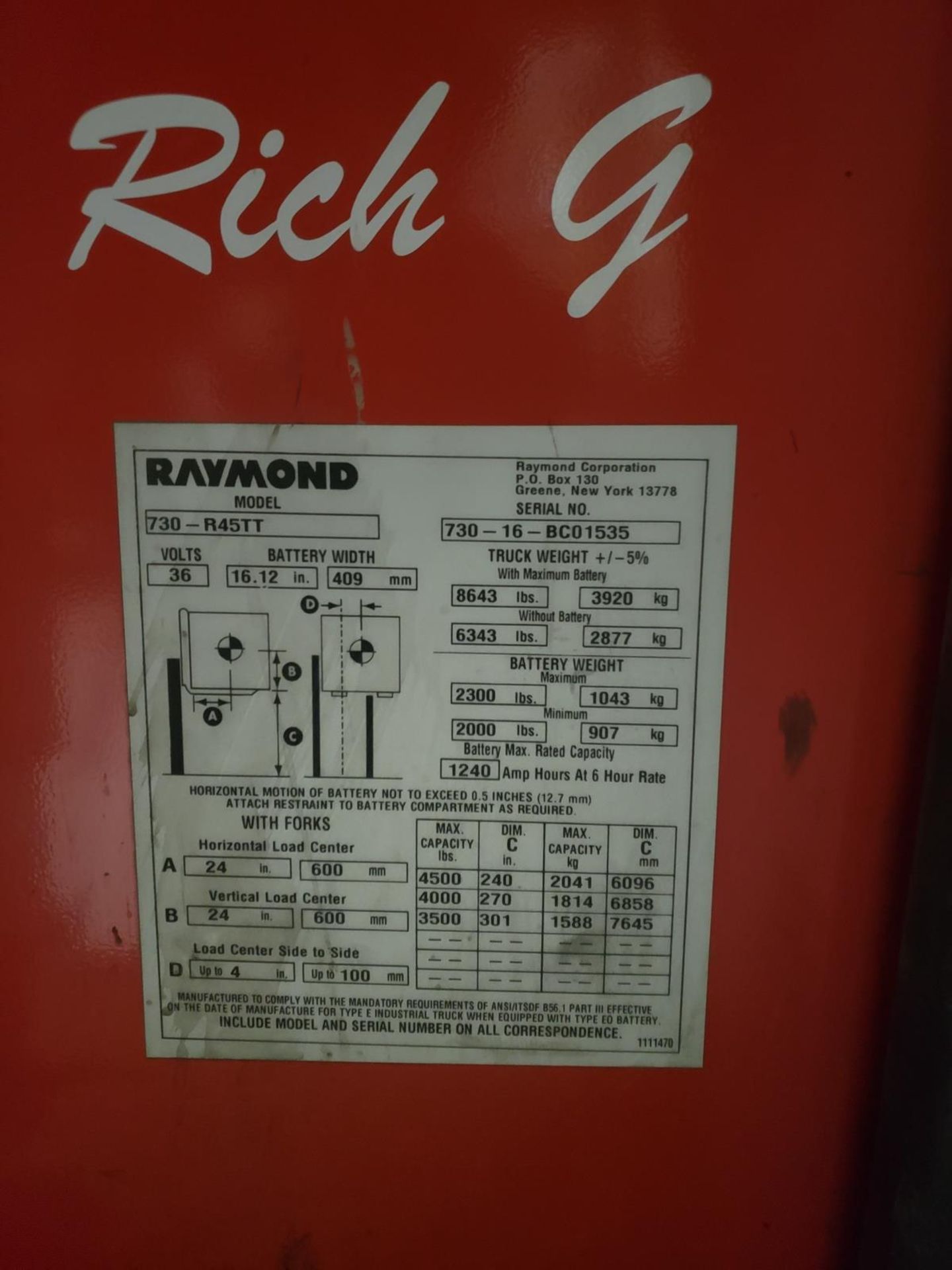 Raymond Electric Standup Forklift, 36 Volt, 4500 Lb Capacity, M# 730-R45TT, S/N 730 | Rig Fee $100 - Image 2 of 4