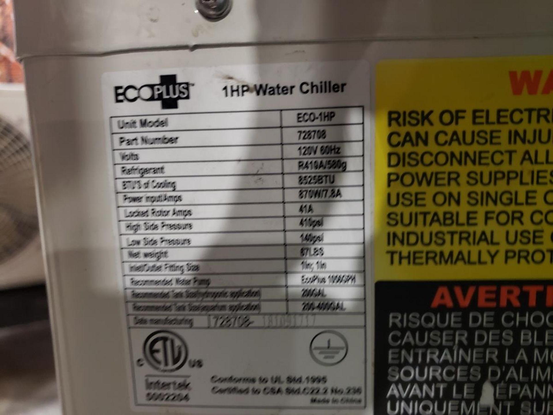 Eco Plus Water Chiller, M# ECO-1HP | Rig Fee $35 - Image 2 of 2