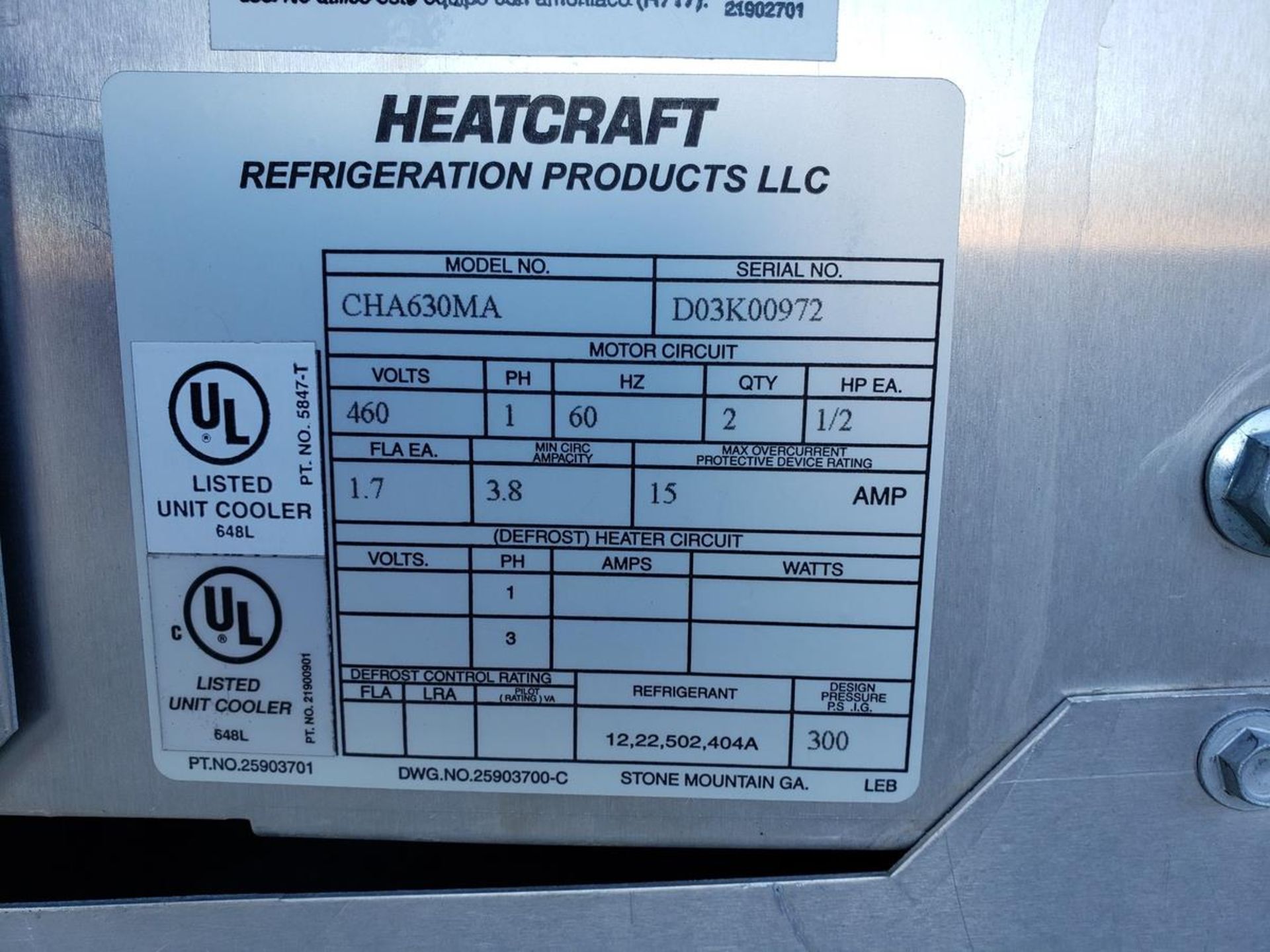 Lot of (2) Heatcraft Refrigeration Evaporator Units, M# CHA630MA | Rig Fee $250 - Image 2 of 2