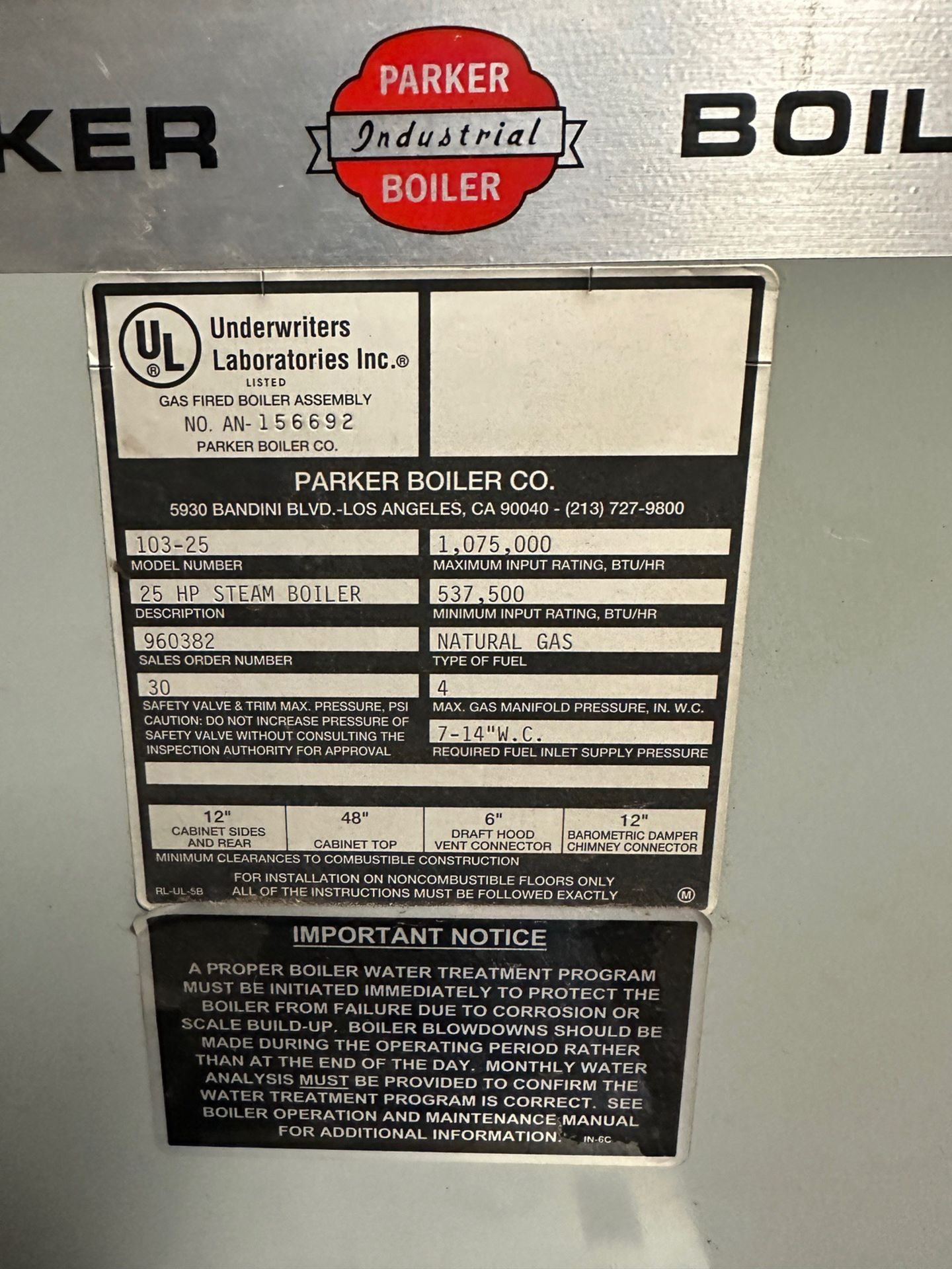 Parker 25 HP Natural Gas Steam Boiler, Model 103-25 - Subj to Bulk | Rig Fee $1500 - Image 2 of 4