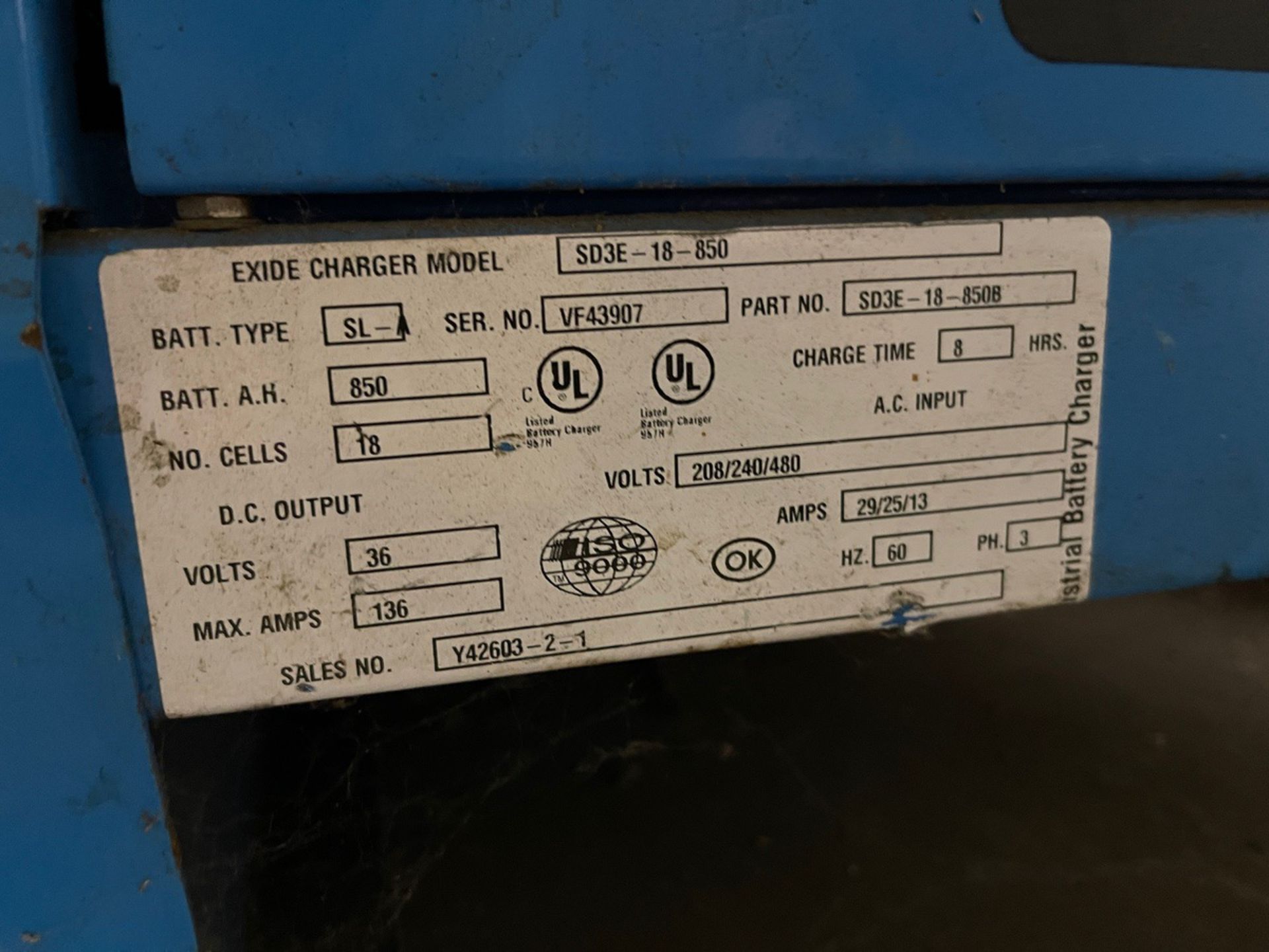 Exide Battery Charger, Model SD3E - 18 - 850, S/N VF43907 | Rig Fee $150 - Image 2 of 2