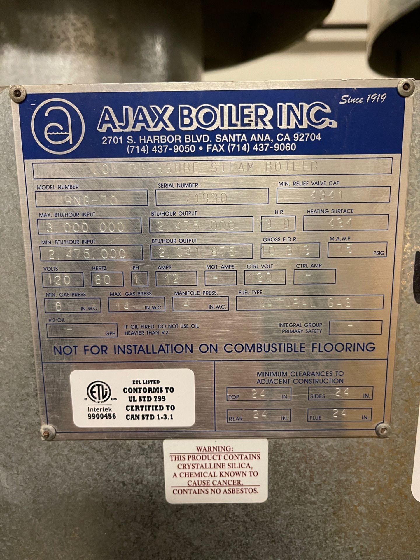 Ajax Natural Gas Boiler, Model HRNG-70, S/N 71930 | Rig Fee $1500 - Image 3 of 3