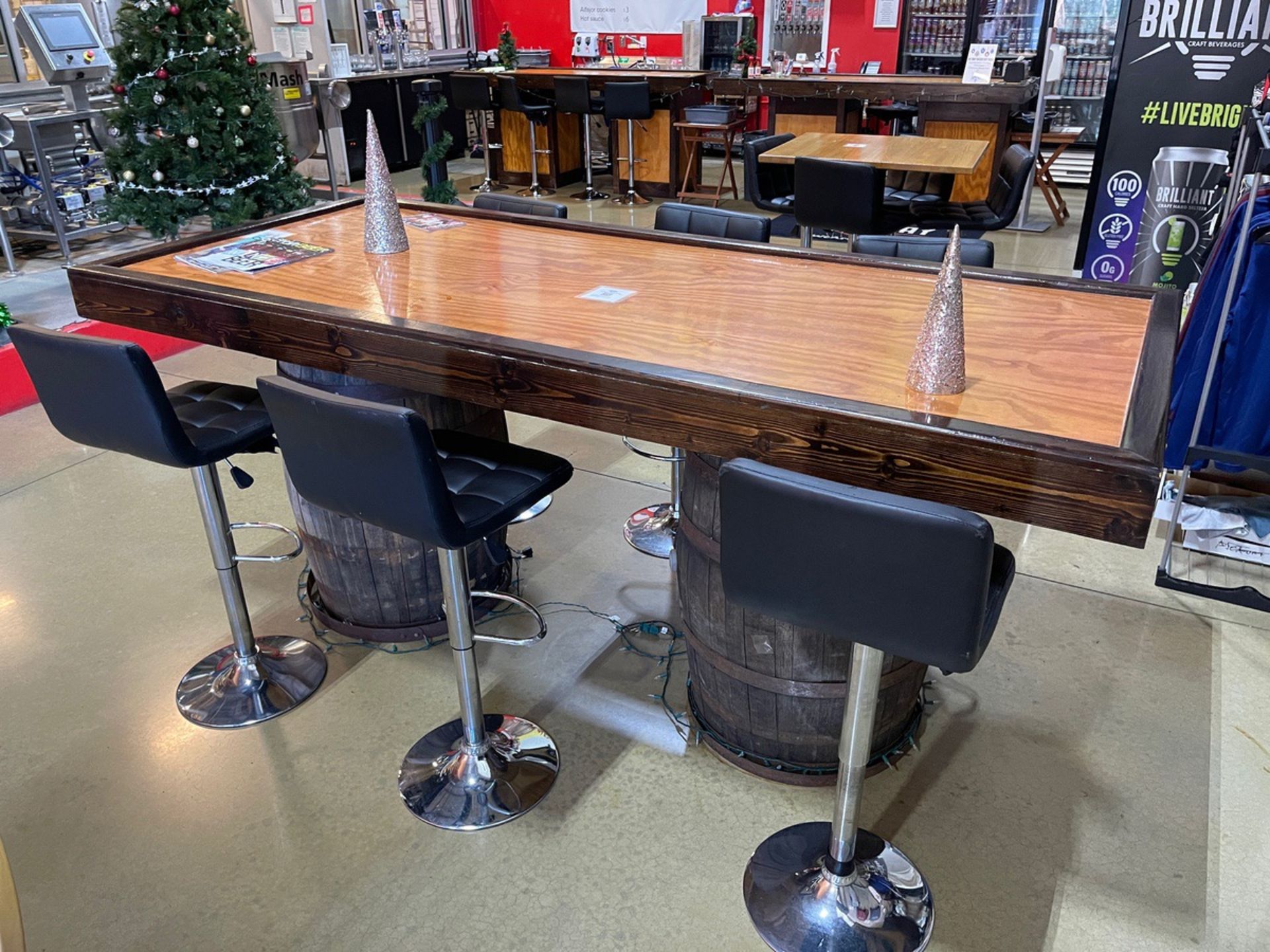 Wooden High Top Table on Barrel Pedestals with (6) Adjustable Bar Stools - 42"" x 98 | Rig Fee $200
