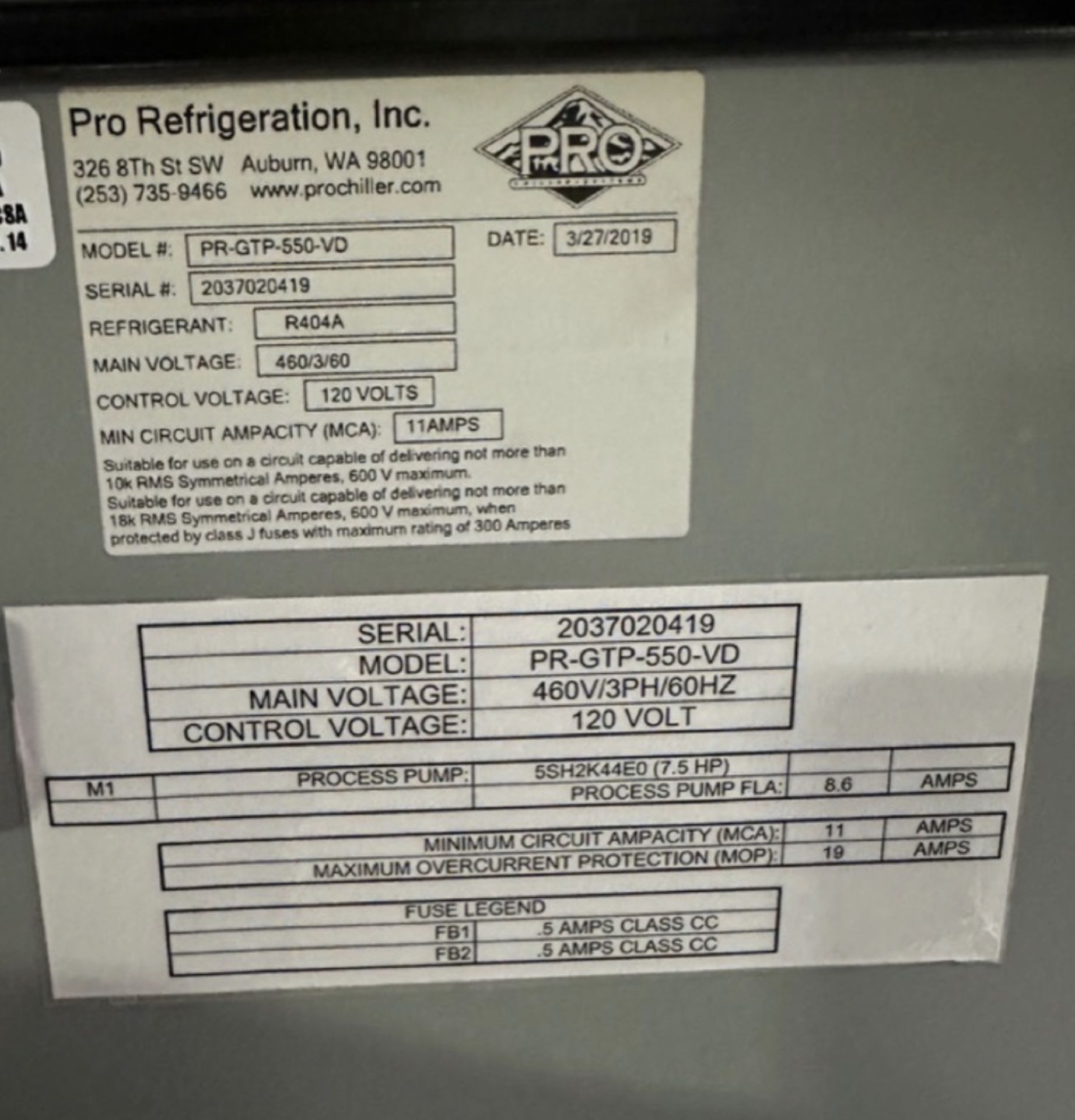 2019 Pro Refrigeration Model PR-GTP-550-VD Glycol Chiller System, 460V, S/N: 2037 | Rig Fee $3500 - Image 4 of 13