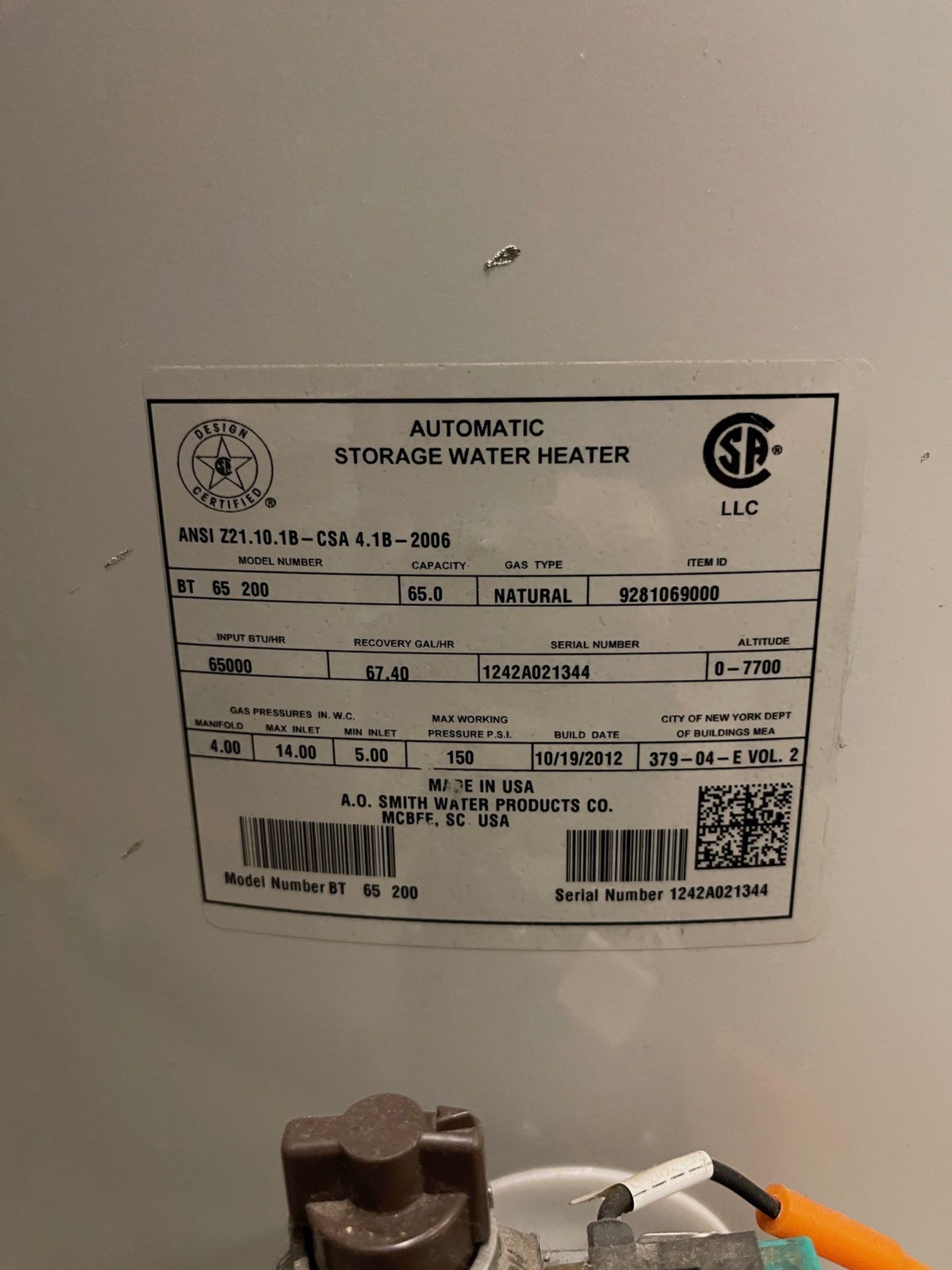 A.O Smith Preferred 65 Gallon Water Heater, Model __ 65 200, S/N 1242A021344 | Rig Fee $200 - Image 2 of 2