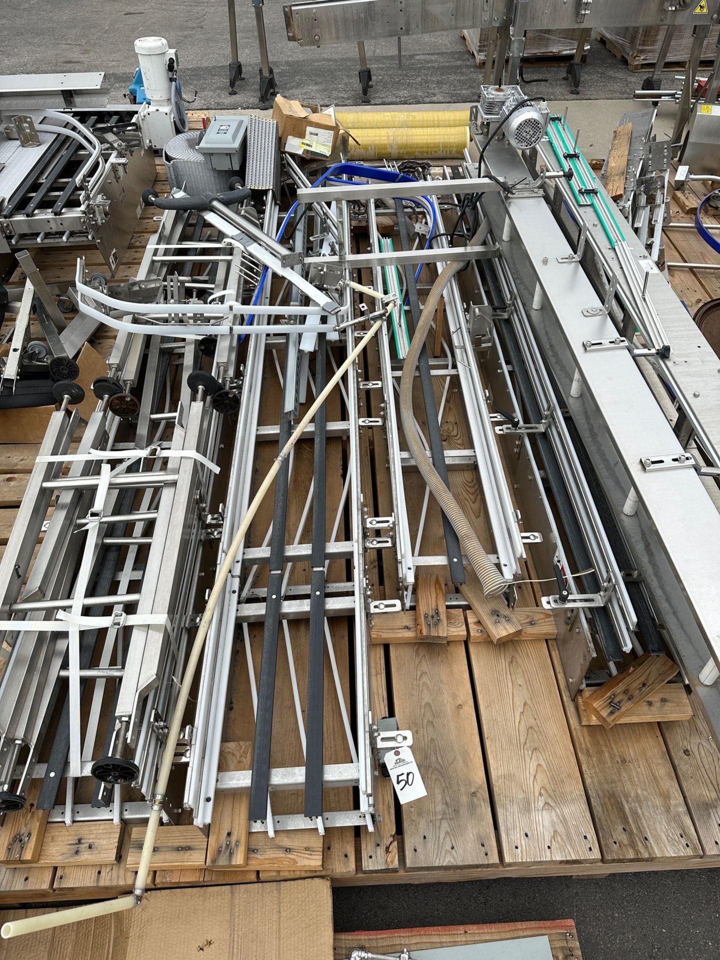 Lot of Large Pallet of Conveyor Frames, Stands, Belts, Misc. | Rig Fee $75