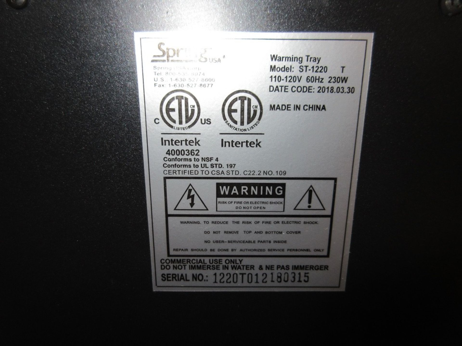 (1) Spring USA Model ST-1220 Warming Tray (Not Used) - Image 2 of 2
