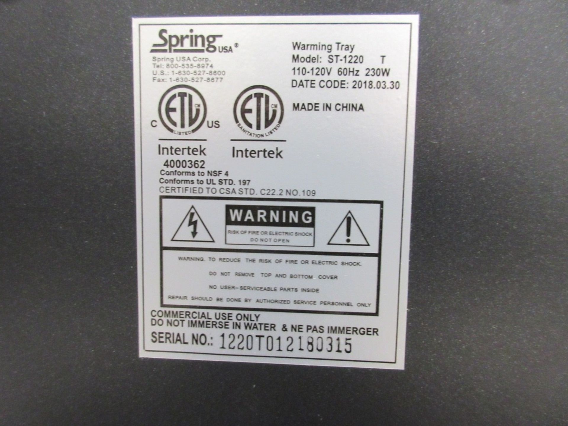 LOT (2) Spring USA Model ST-1220 Warming Trays - Image 3 of 3