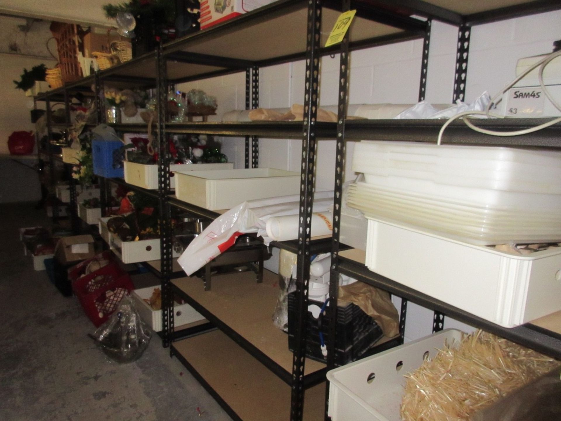 LOT (6) Sections of L.D. Shelving w/ Contents Consisting of (2) Sam4S Cash Registers, Cake Plates, D