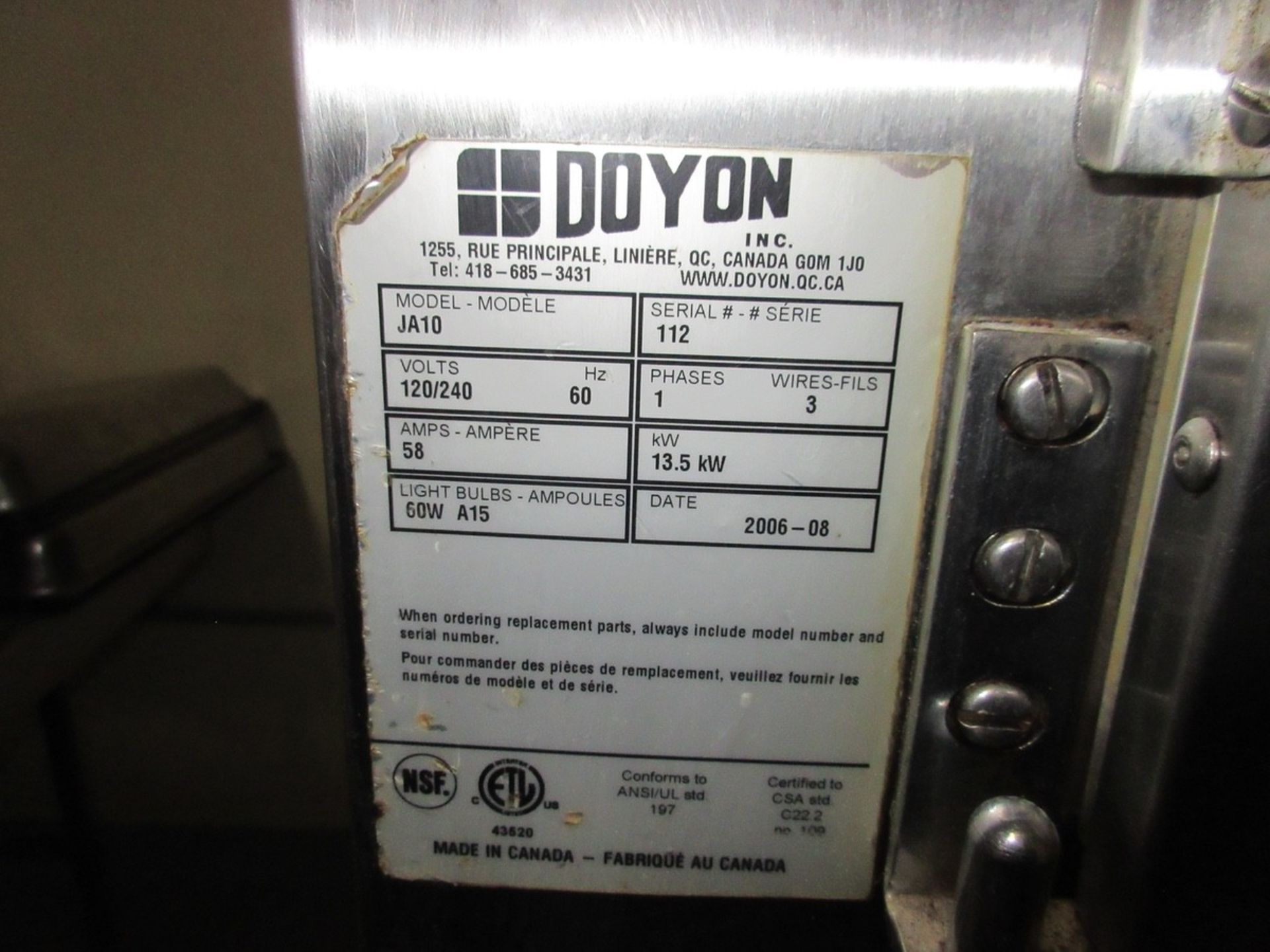 (1) 2006 Doyan JA10 2-Door Oven, S.S. Port., w/ Under Oven Rack - Image 4 of 7