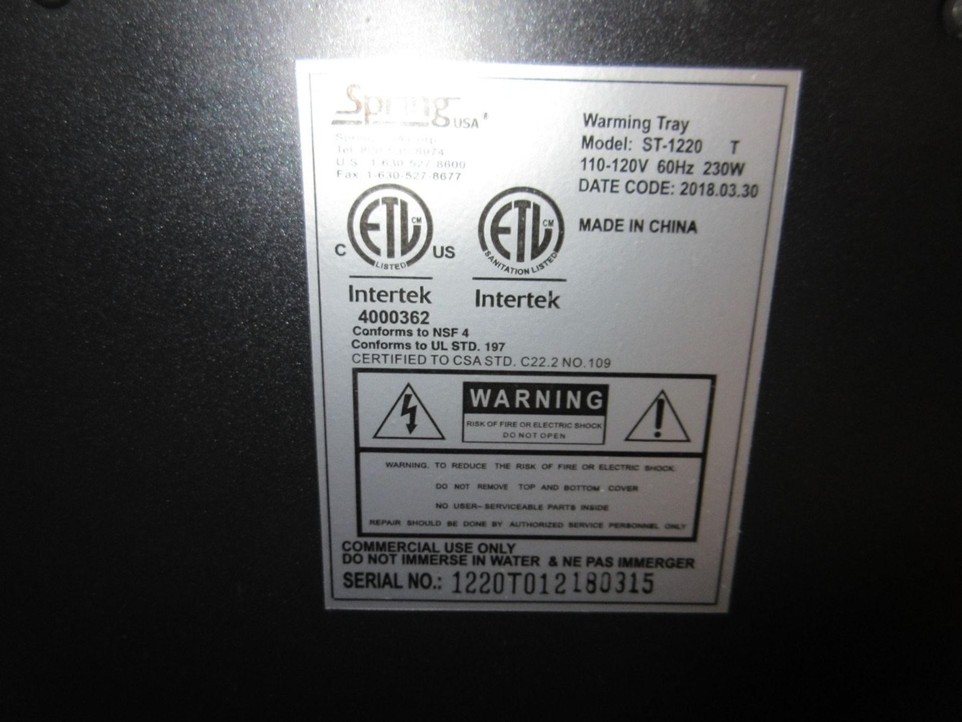 (1) Spring USA Model ST-1220 Warming Tray (Not Used) - Image 2 of 2