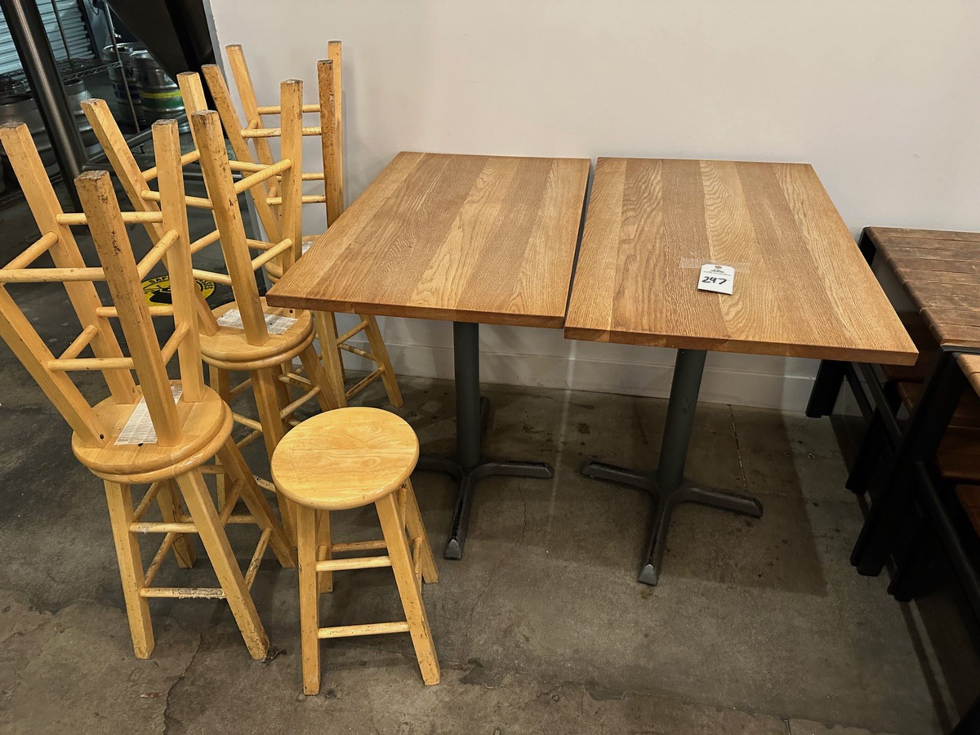 Lot of (2) 2' x 40"" Hightop Tables with (7) Wooden Stools | Rig Fee $100