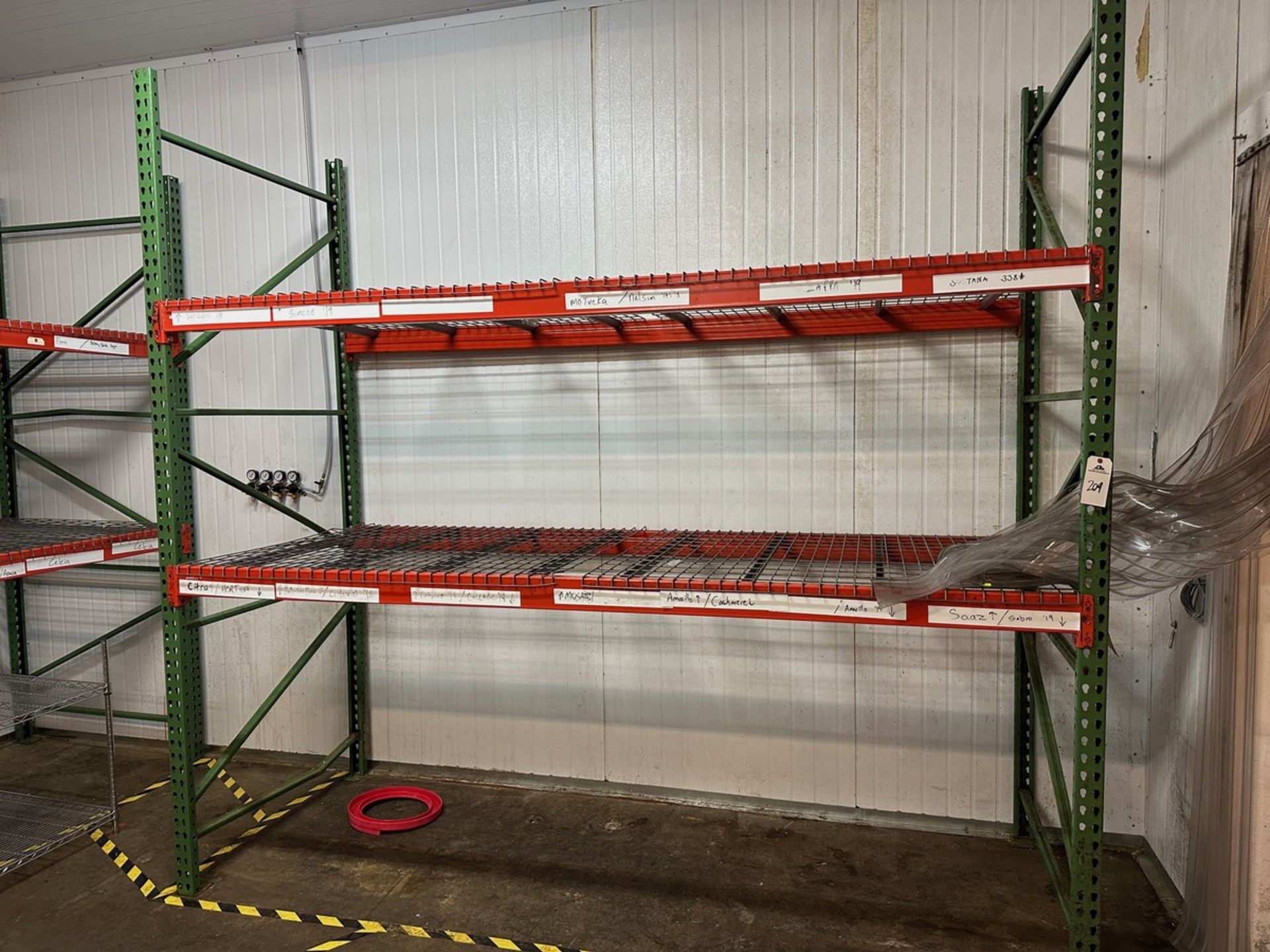 Lot of Teardrop Pallet Racking in Cooler - (6) 10' Uprights (8) 10' Crossbeams (4) | Rig Fee $500