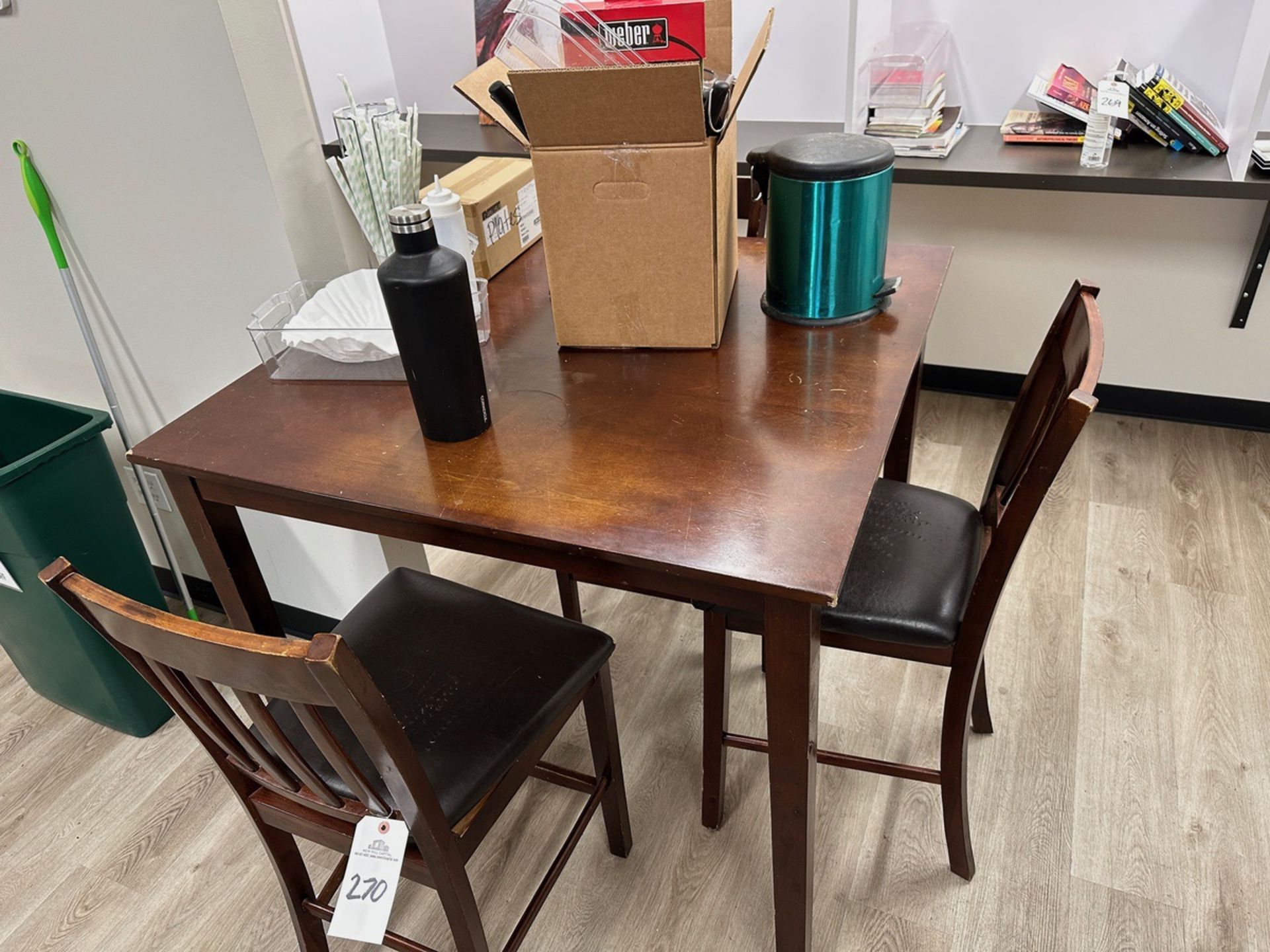 Lot of Wooden Table with Contents and (3) Stools (Approx. 42"" x 42"") | Rig Fee $100