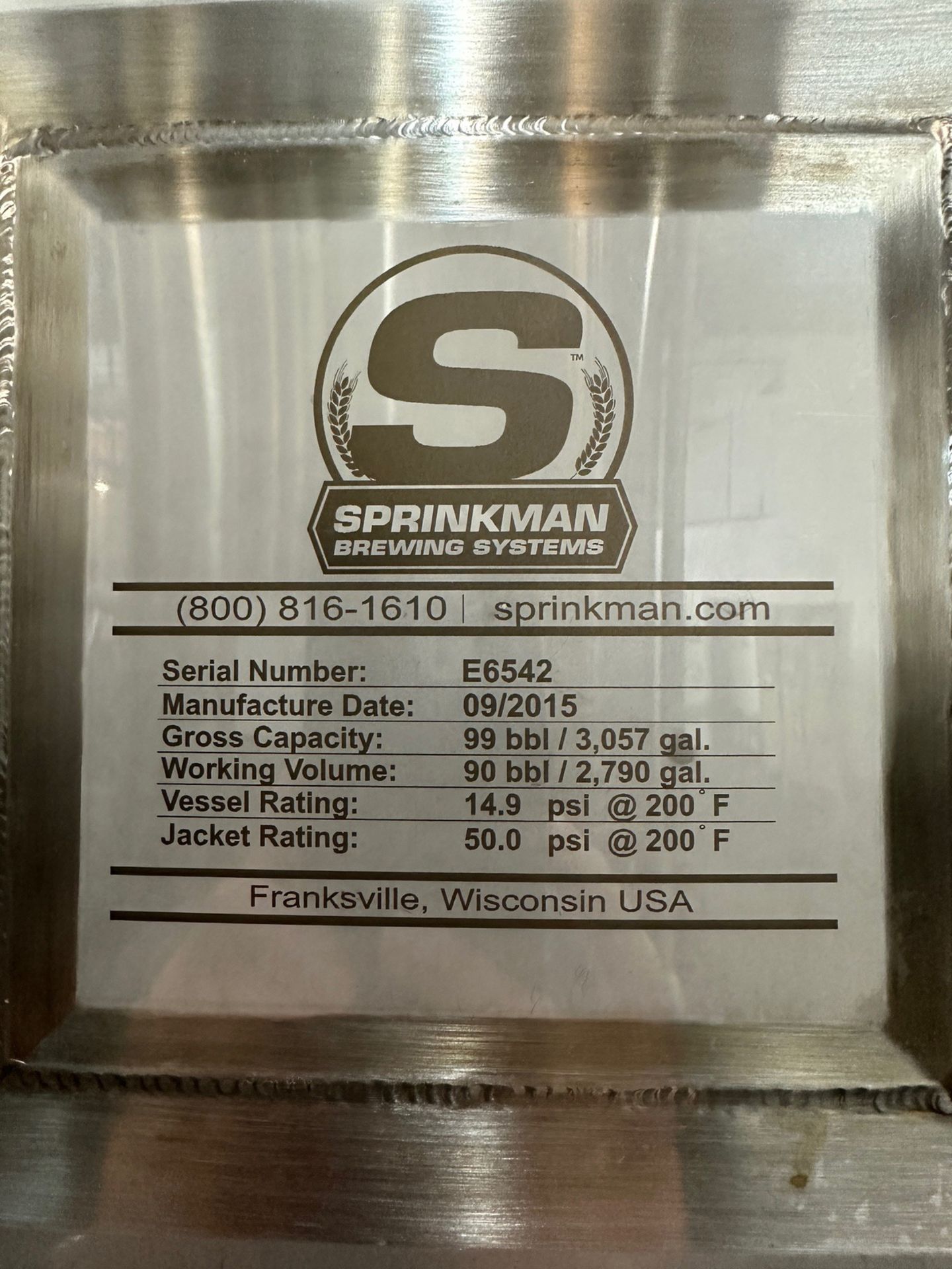 90 BBL Sprinkman Stainless Steel Brite Tank - Dish Bottom, Glycol Jacketed, Mandoor | Rig Fee $1750 - Image 2 of 2