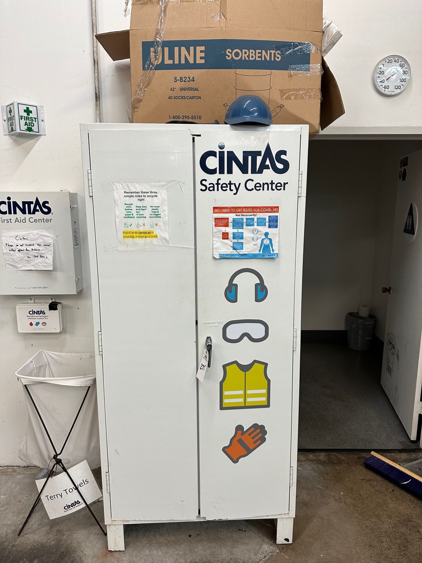 Lot of Cintas PPE Cabinet with Contents and First Aid Kit (Approx. 2' x 3') | Rig Fee $50