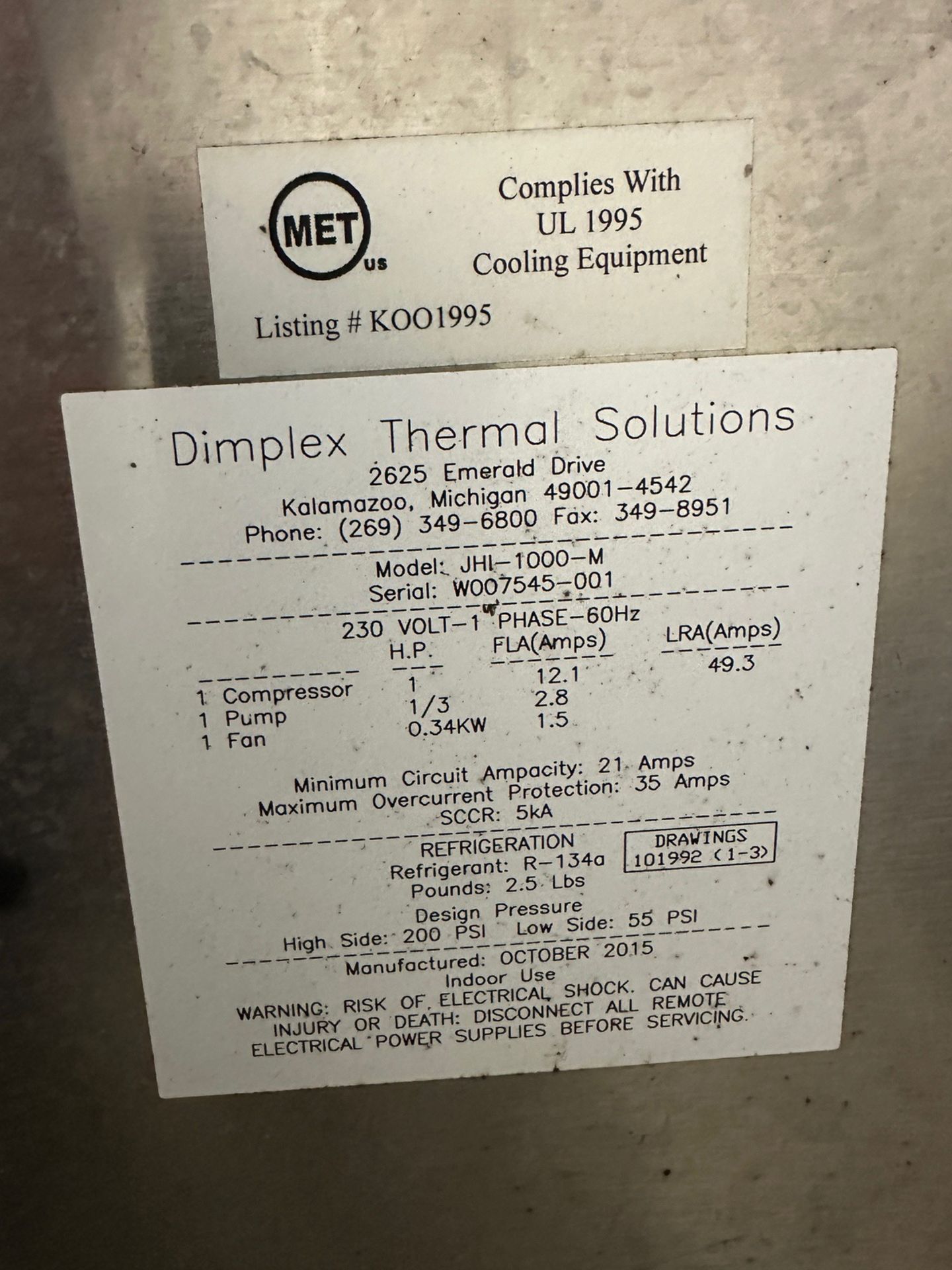Dimplex Thermal Solutions Koolant Kooler Chiller - Model JHI-1000-M, S/N W | Rig Fee $100 - Image 4 of 4