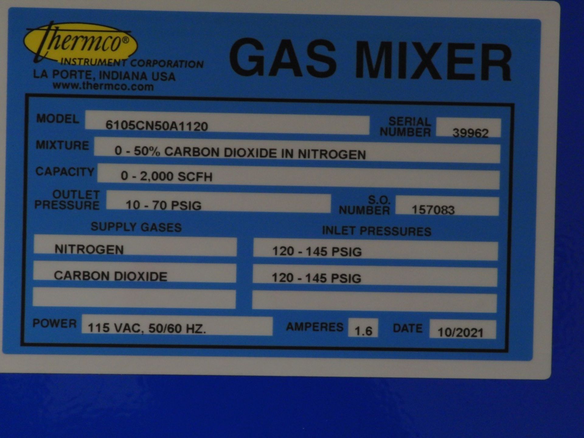 2021 Thermco 6105CN50A1120 Gas Mixer 115 v, 50/60 Hz, 1.6 AMPS, 0-50% Carbon Dioxid | Rig Fee $350 - Image 7 of 9