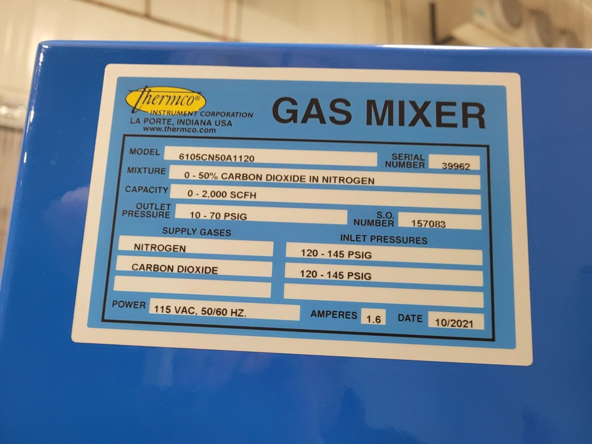 2021 Thermco 6105CN50A1120 Gas Mixer 115 v, 50/60 Hz, 1.6 AMPS, 0-50% Carbon Dioxid | Rig Fee $350 - Image 9 of 9