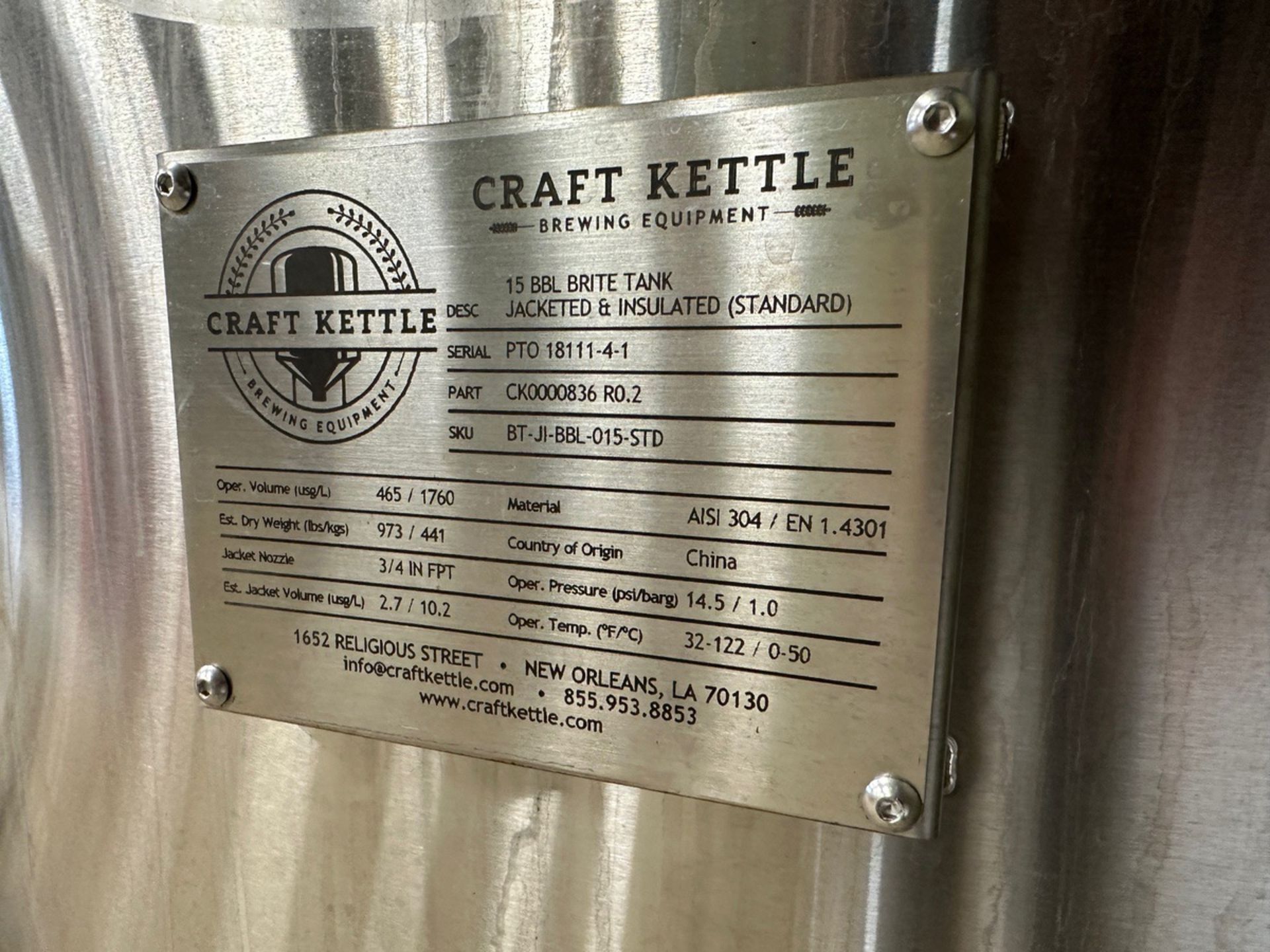 2019 Craft Kettle 15 BBL Stainless Steel Brite Tank - Dish Bottom, Glycol Jacketed, | Rig Fee $1250 - Image 3 of 3