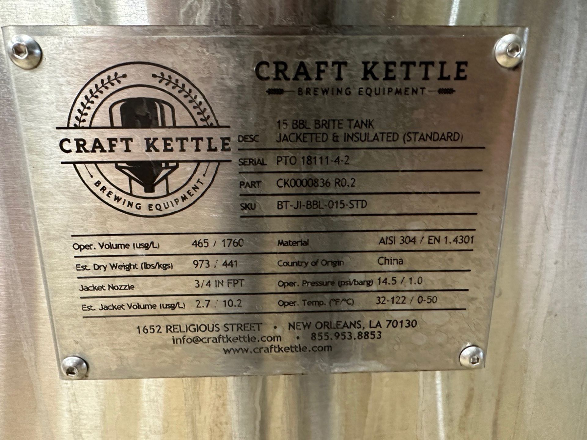 2019 Craft Kettle 15 BBL Stainless Steel Brite Tank - Dish Bottom, Glycol Jacketed, | Rig Fee $1250 - Image 3 of 3