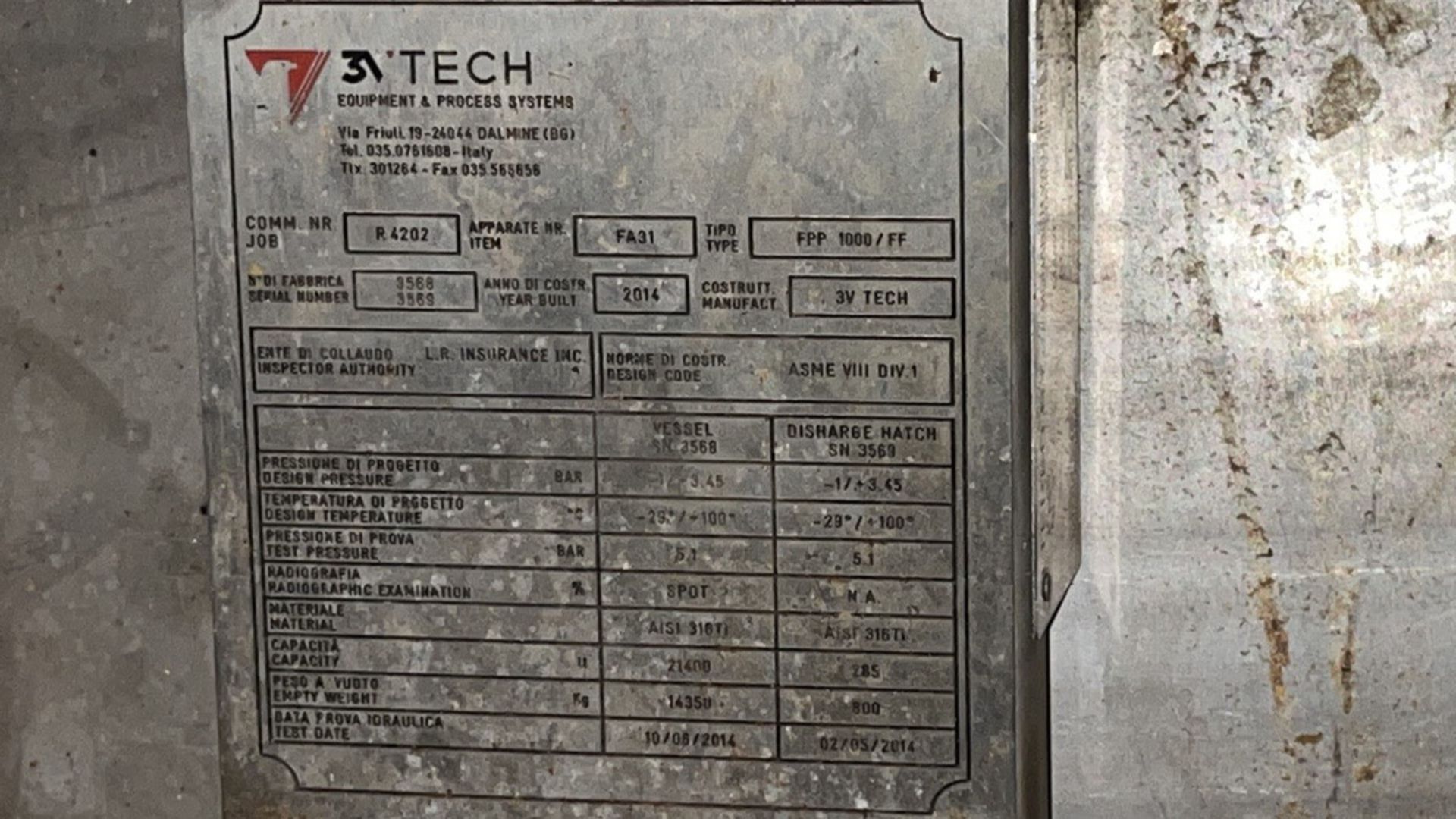 10 Sq Meter 3V Tech Agitated Nutsche Filter, Model Fpp 1000/Ff, 316 Stain | Rig Fee $2000 - Image 2 of 19