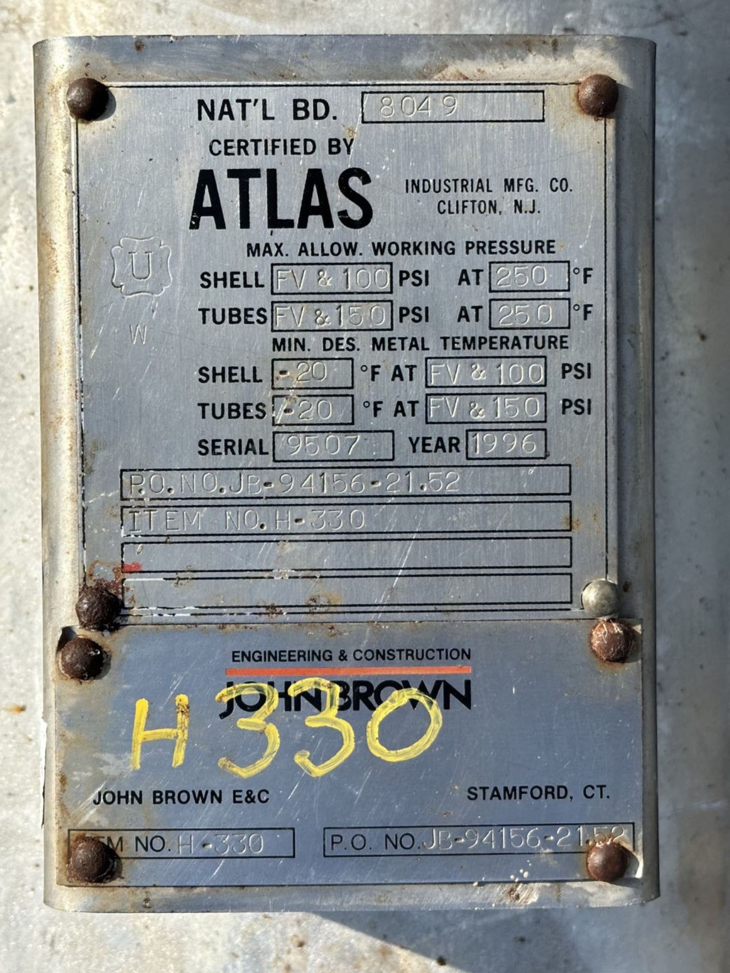 276 Sq Ft Atlas Shell and Tube Heat Exchanger, 316 Stainless Steel Tubes, | Rig Fee $250 - Image 2 of 6