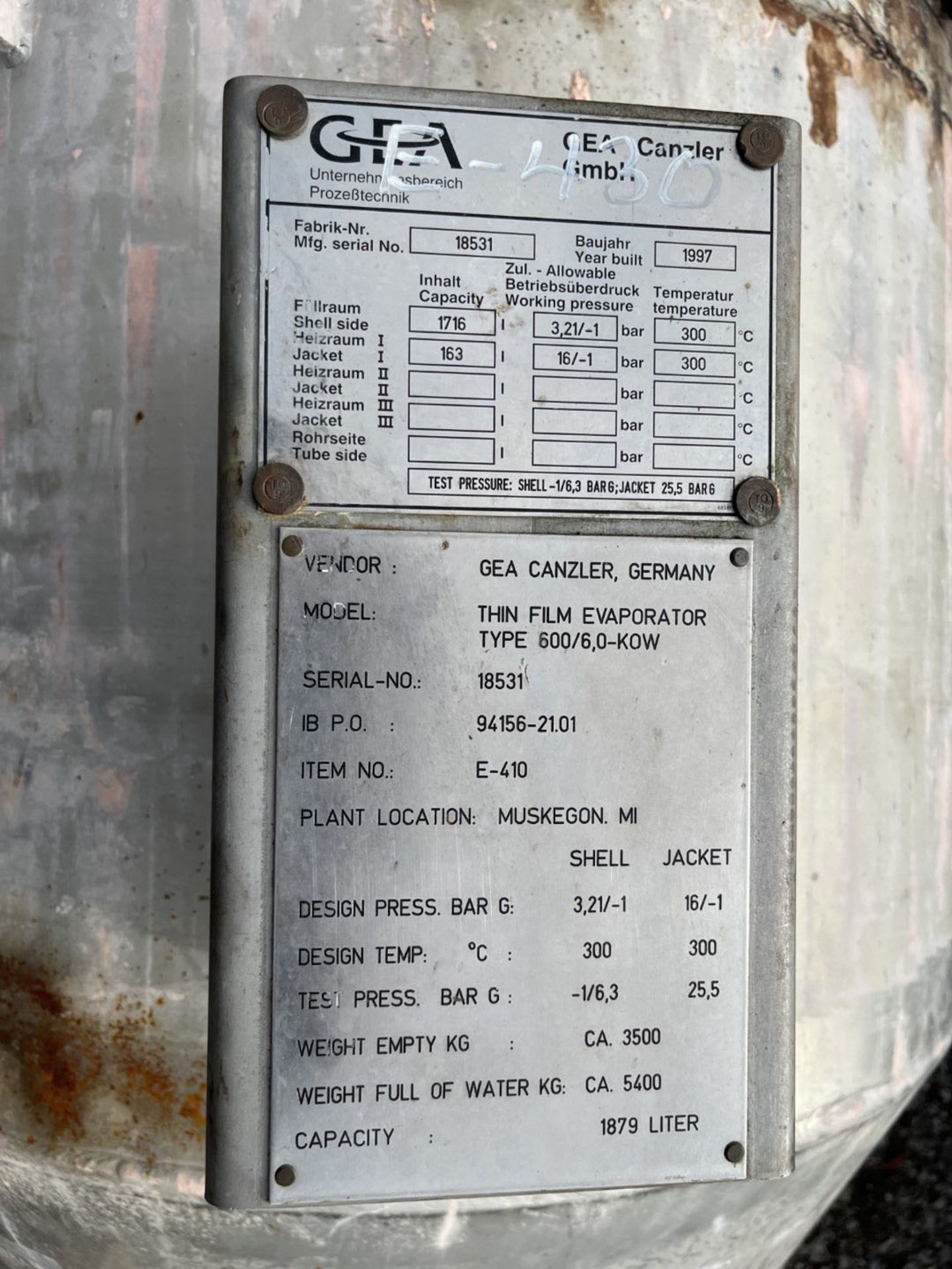 6.3 Sq Meter / 67 Sq Ft Gea Canzler Thin Film Evaporator, Type 600/6.0-Ko | Rig Fee $250 - Image 5 of 24