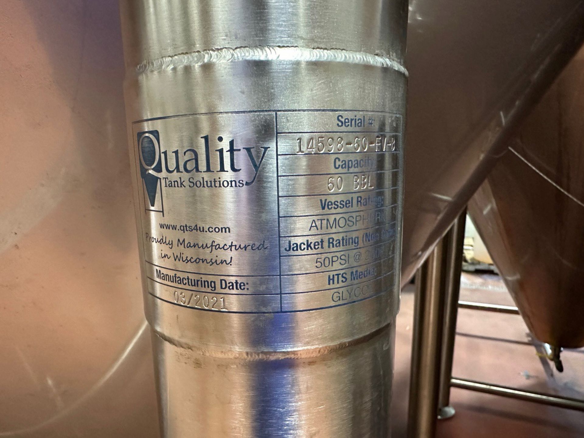 2021 Quality Tank Solutions 60 BBL Fermentation Tank - Cone Bottom, Glycol Jacketed | Rig Fee $1650 - Image 3 of 3