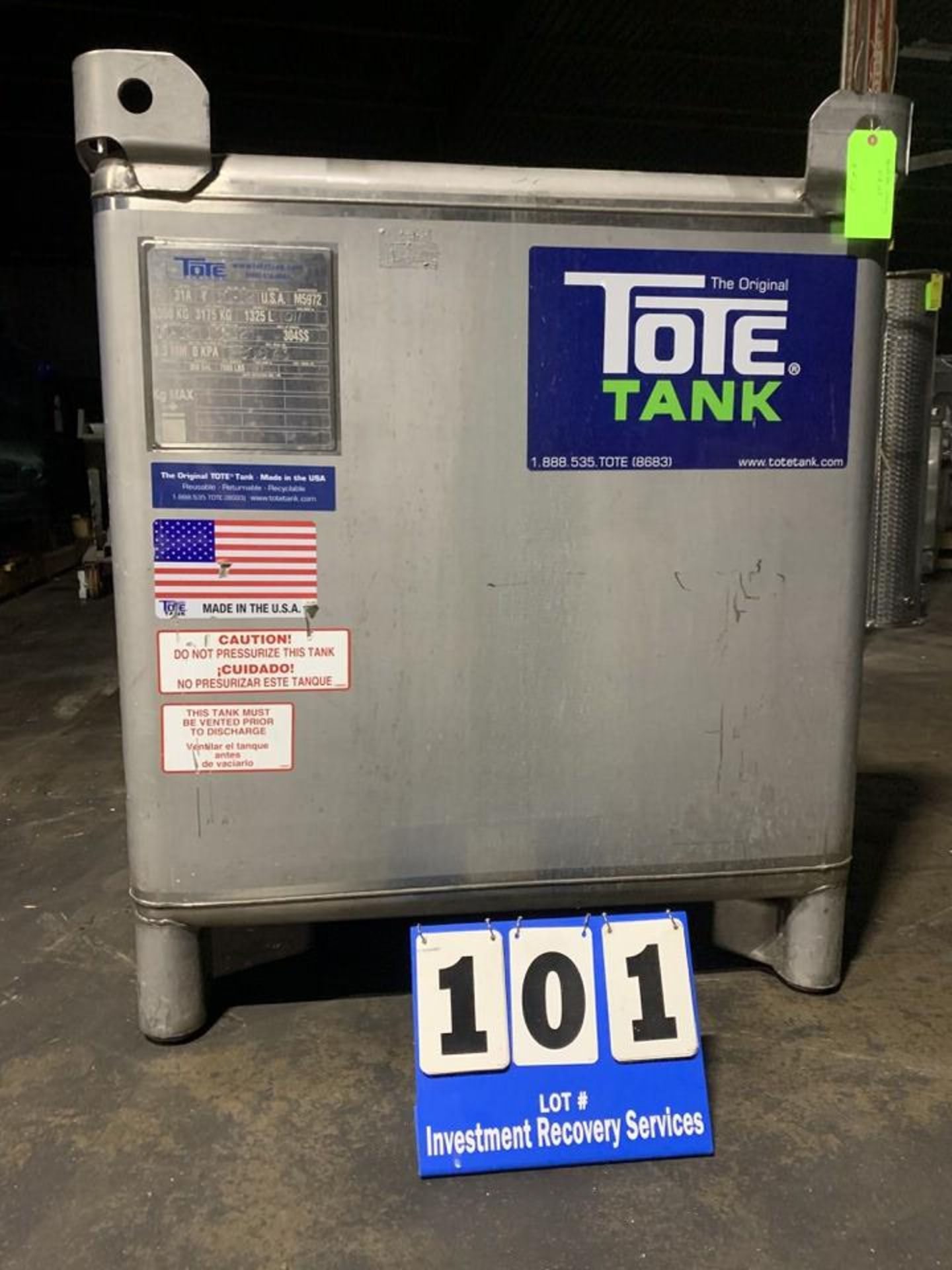 Tote Tank, 350 Gallon x 7,000 lbs Capacity, Stainless Steel (Located in TX) | Rig Fee $75