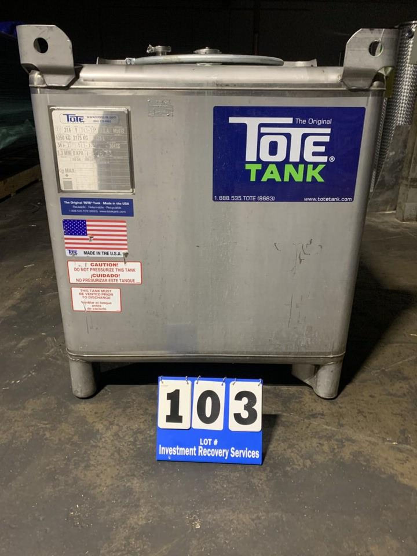 Tote Tank, 350 Gallon x 7,000 lbs Capacity, Stainless Steel (Located in TX) | Rig Fee $75