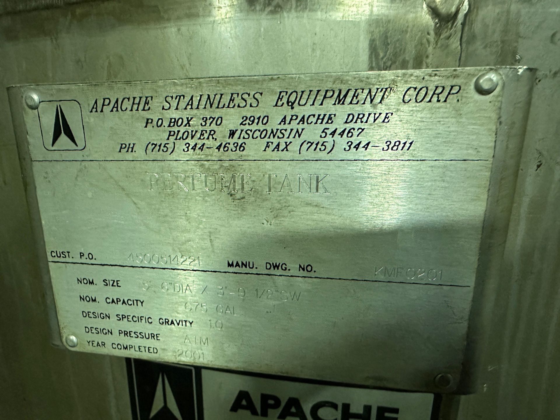 Apache 675 Gallon Stainless Steel Perfume Tank (Approx. 5'6" Diameter and 5'6" O.H. | Rig Fee $200 - Image 3 of 3