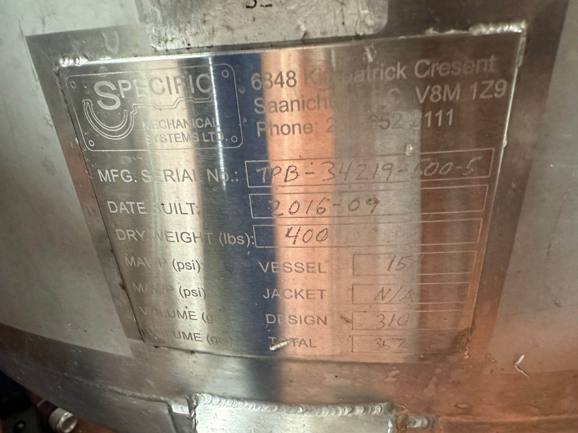 2016 - 10 BBL Specific Mechanical Stainless Steel Serving Tank - Dish Bottom, Singl | Rig Fee $650 - Image 2 of 2