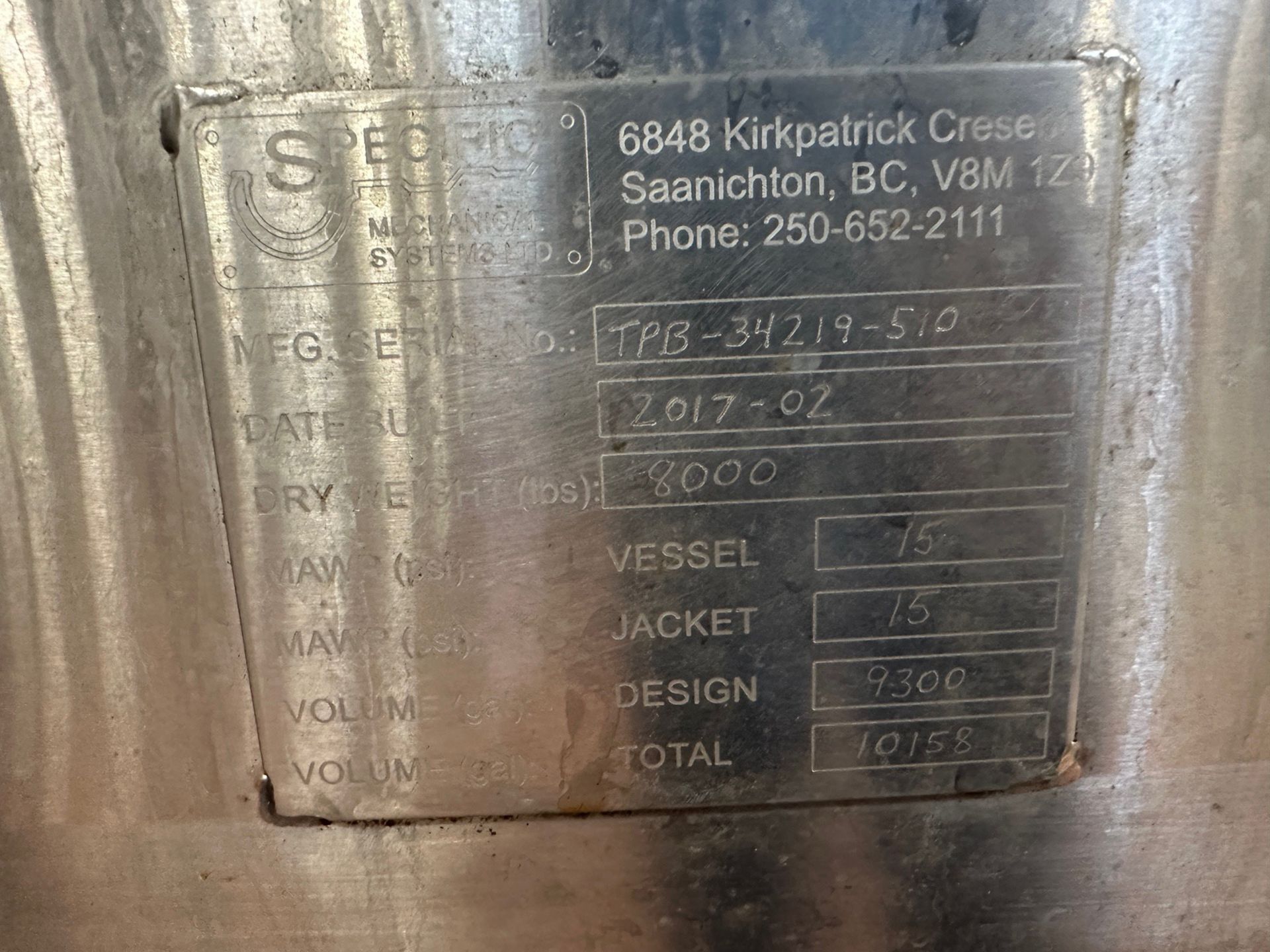 2017 - 300 BBL Specific Mechanical Stainless Steel Brite Tank - Dish Bottom, Glycol | Rig Fee $1550 - Image 8 of 8