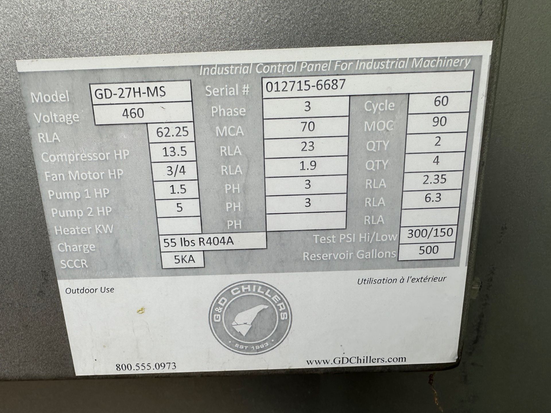 2015 G&D Model GD-27H-MS Glycol Chiller, S/N: 012715-6687 | Rig Fee $1200 - Image 4 of 4