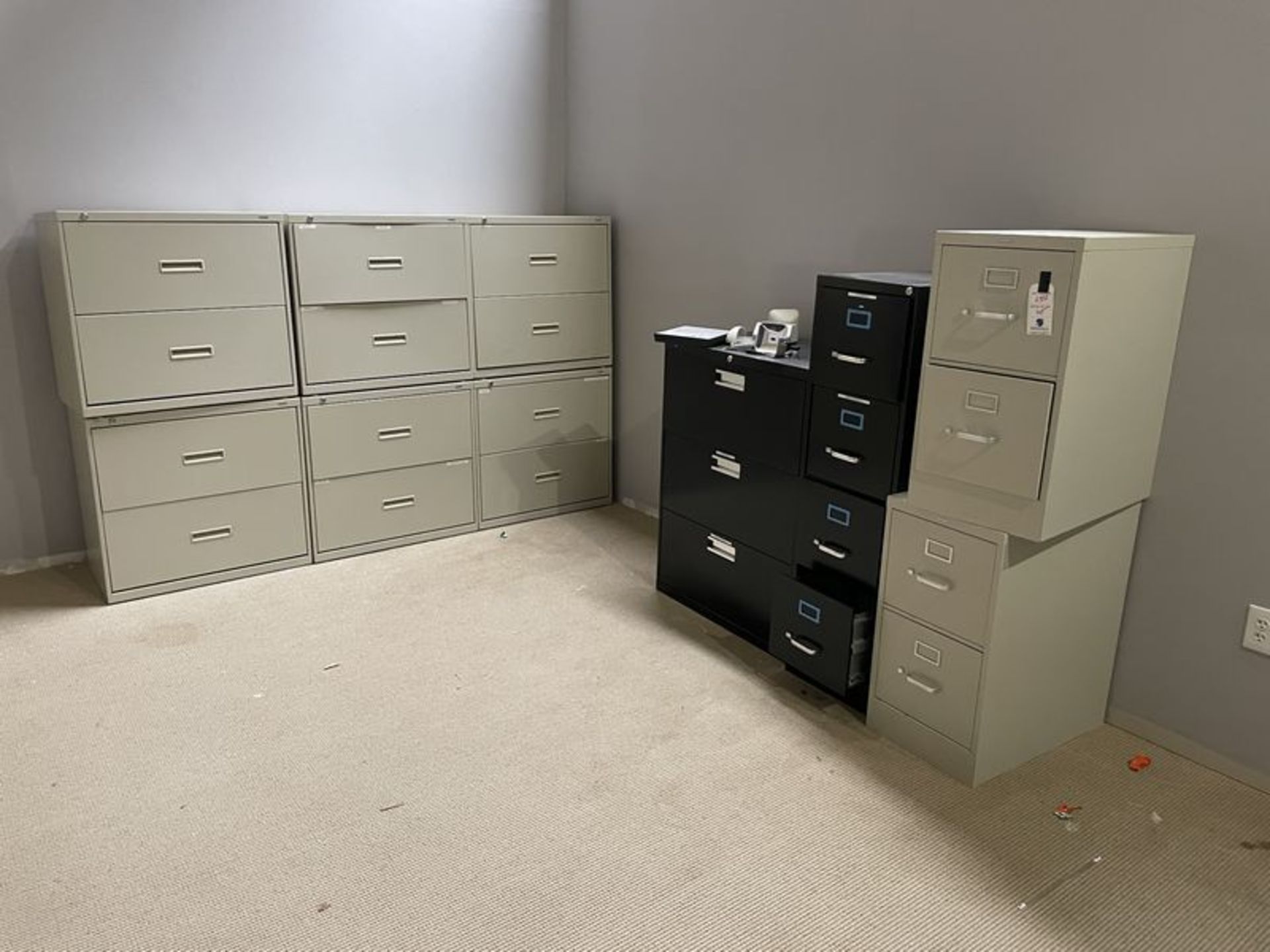 (Lot) Office C/O: (7) 2 Section Lateral, 5 Section Lateral, 3 Section Lateral, 4 Drawer File, and (